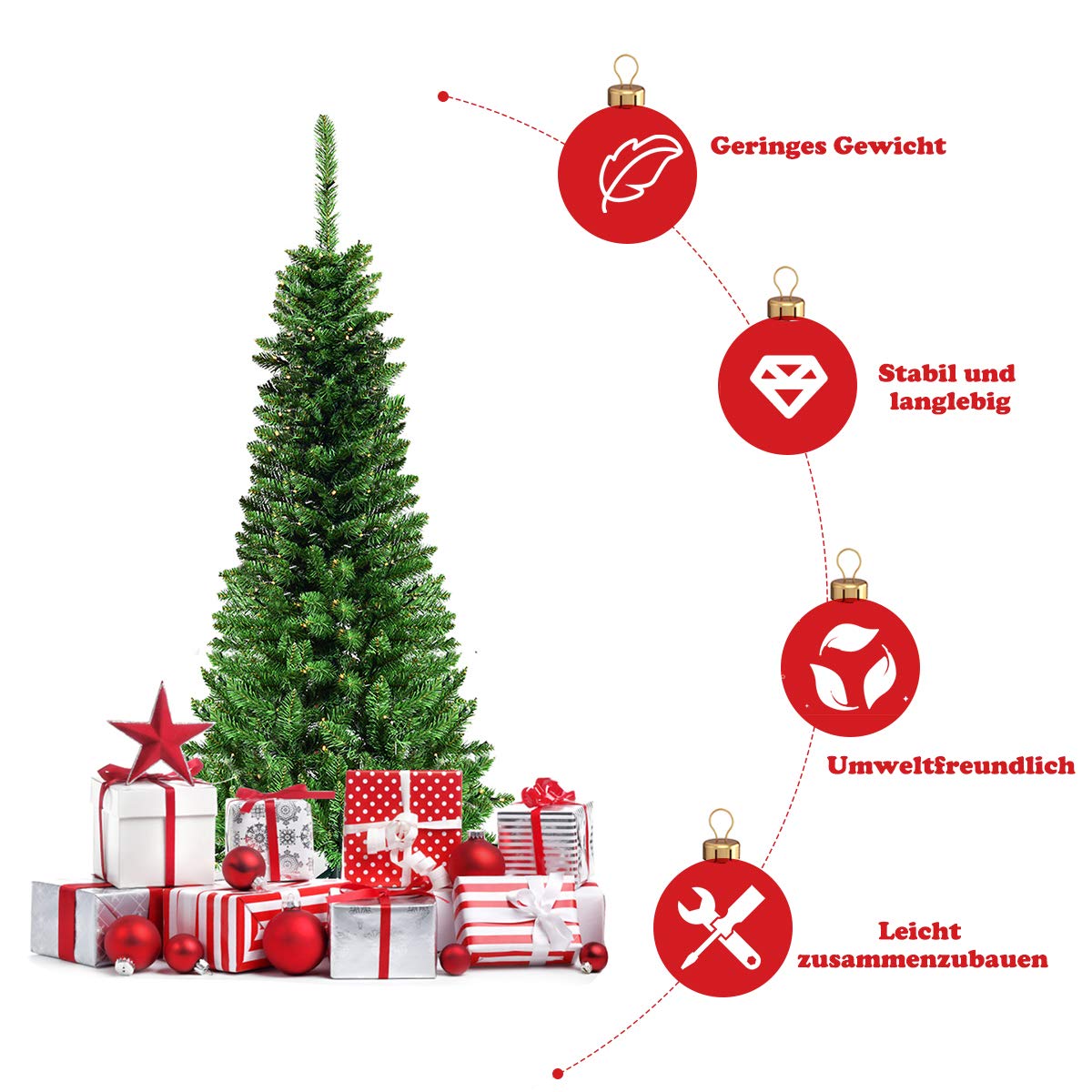 COSTWAY 225 cm potloodvormige kerstboom met sneeuw en warmwitte ledlampjes, kunstmatige kerstboom met metalen standaard