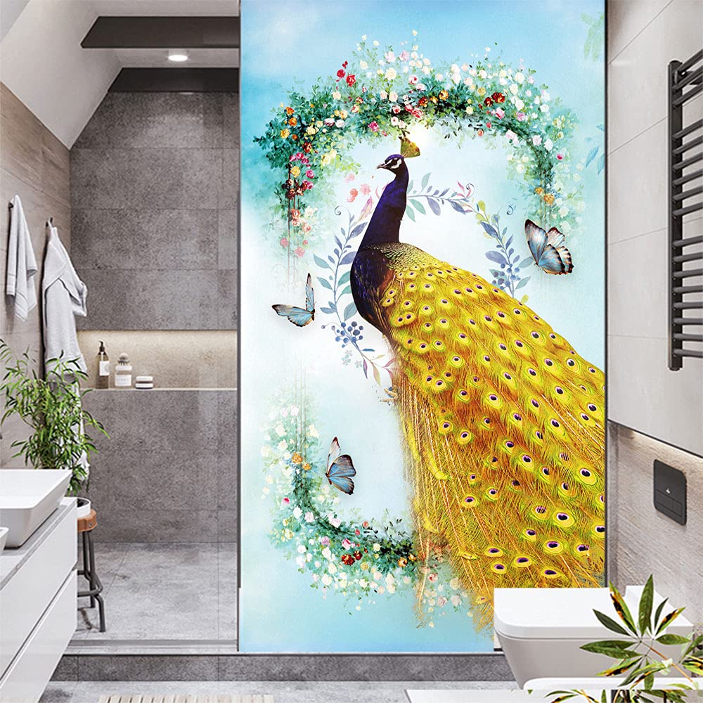 Peacock Series Decorative Privacy Window Film Frosted Glass Window Film Heat Control Glass Sticker for Home Office W17.7 x H49.2(45x125cm)