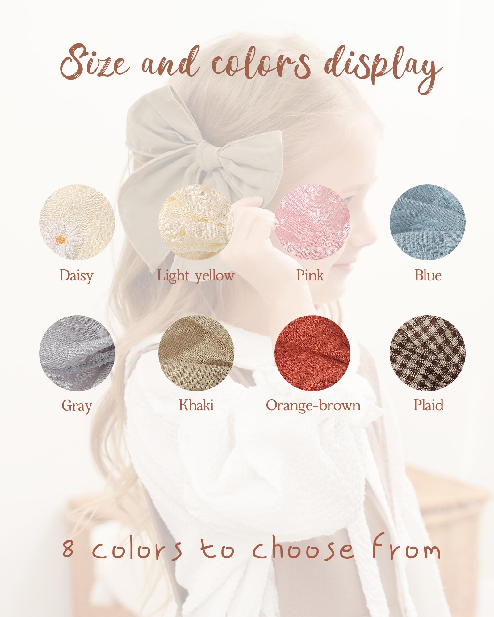 8PCS Baby Girls Hair Clips Fable Hair Bows Cotton Linen Bows for Girls Hair Accessories for Baby Toddlers Kids(Solid Color & Printed color) - Image 4