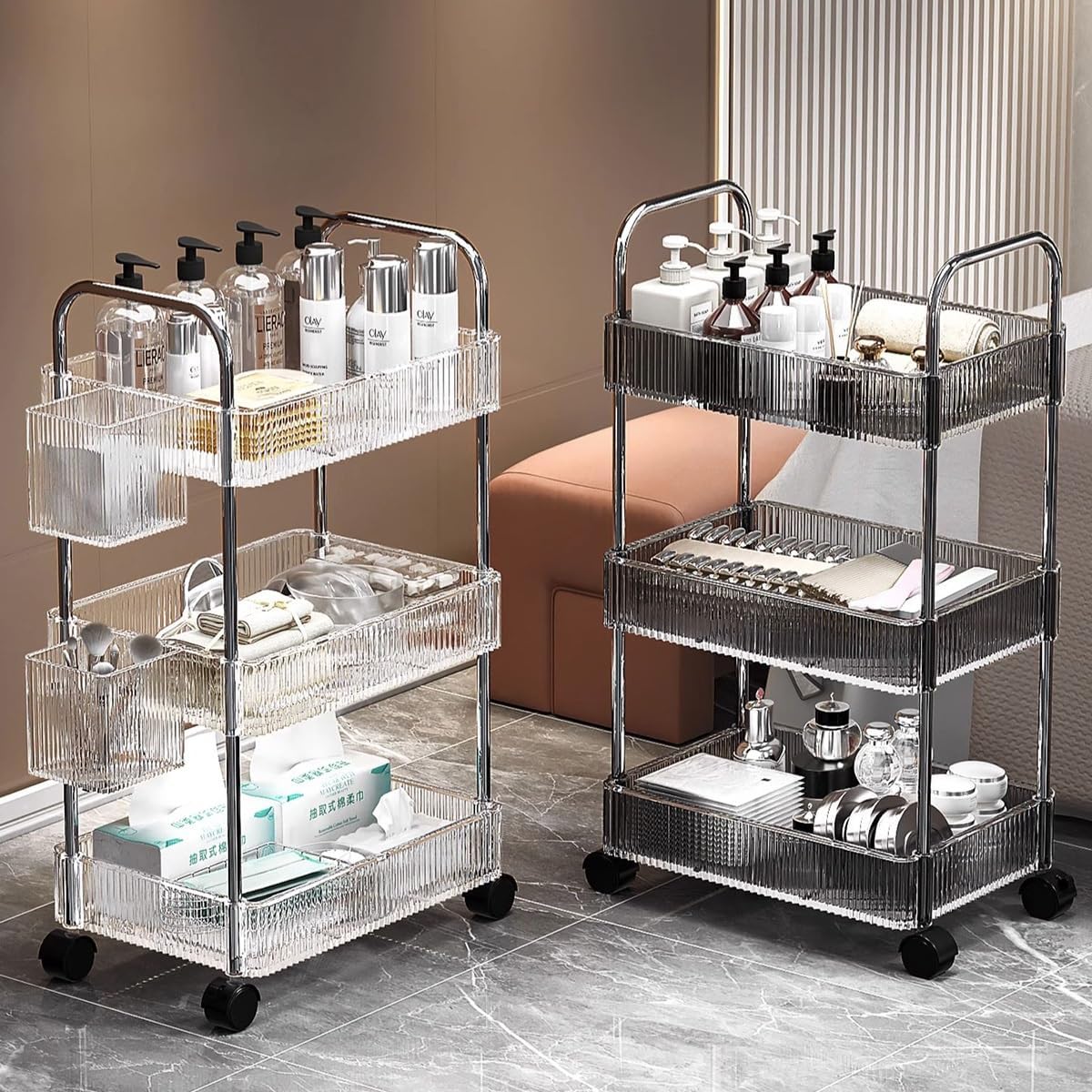 LEIYTFE 3 Tier Bathroom Storage Shelves Mobile Rolling Trolley On Wheels,Slide Out Storage Cart,Utility Cart with Hanging Basket for Cosmetics Storage,Kitchen Trolley (Color : Transparent Green)