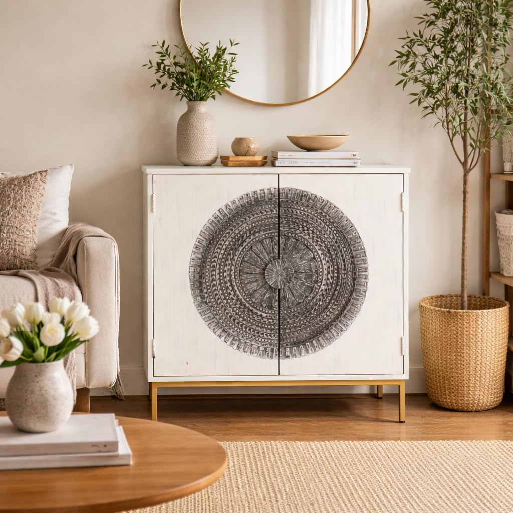 Decorative White Wooden Cabinet with Circular Mandala Design, Gold Metal Base, Storage Sideboard, 90x90x35cm-image-44