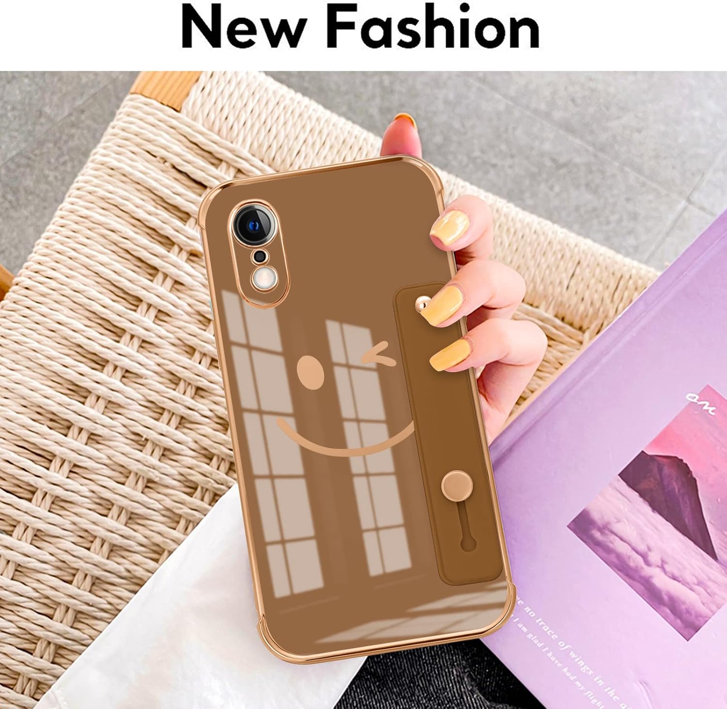 Uioeua Compatible with iPhone XR Case with Smiley Face Pattern,Soft TPU Cute Plating Wristband Holder Case Camera Lens Protection Side Small Pattern Shockproof Wrist Strap Case Women Girls-Brown