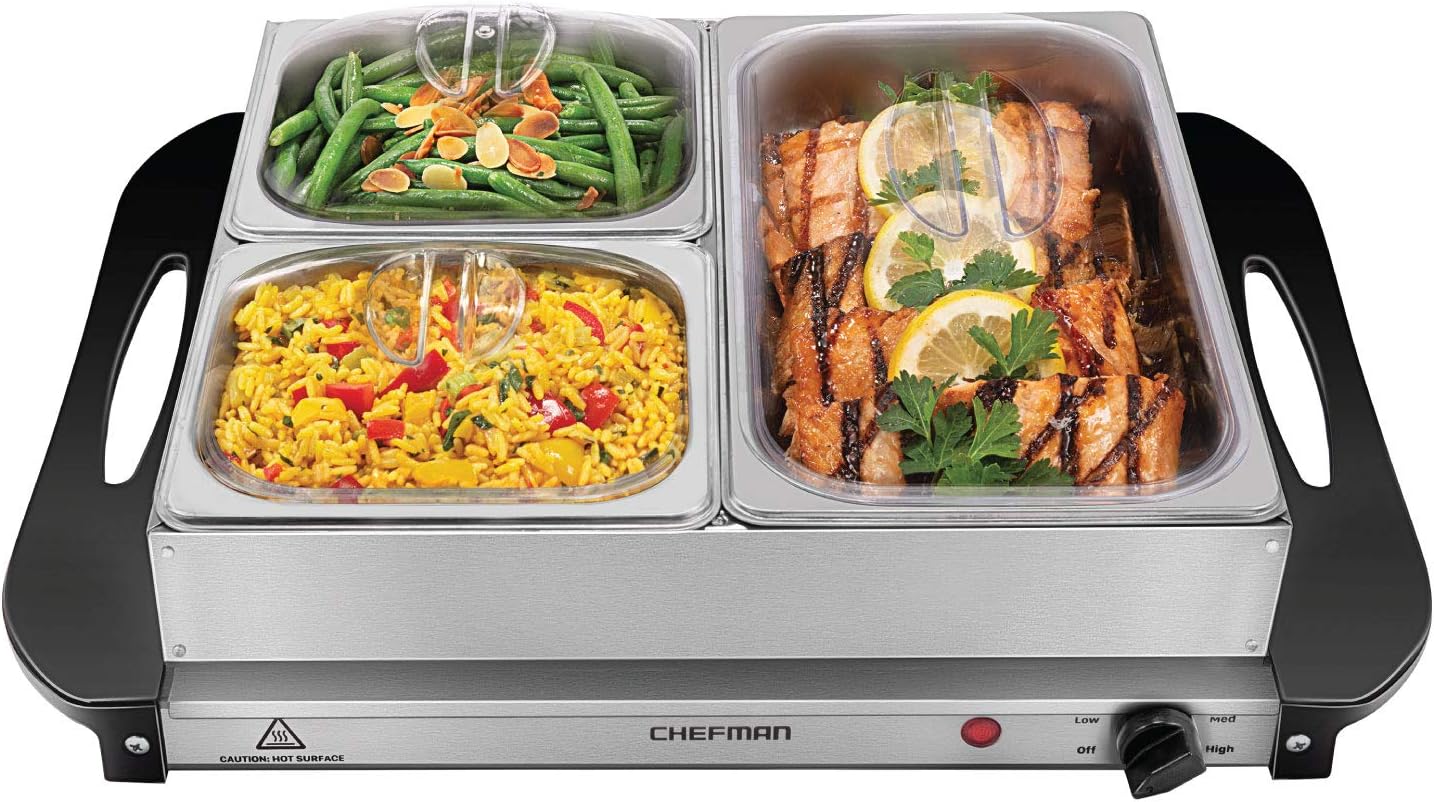 Electric Buffet Server + Warming Tray w/Adjustable Temperature & 3 Chafing Dishes, Hot Plate Perfect for Holidays, Catering, Parties, Events & Home Dinners, 14" x 14" Surface, Stainless Steel