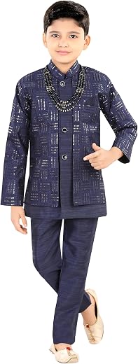 Joley Poley Boys 2-Piece Indo-Western Set|Kids Sequin Embellished Work Satin Sherwani Set|Ideal for any Festive & Party Oc...