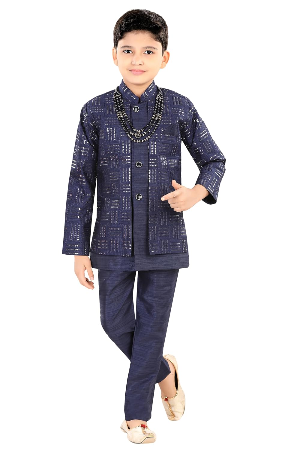 Joley Poley Boys 2-Piece Indo-Western Set|Kids Sequin Embellished Work Satin Sherwani Set|Ideal for any Festive & Party Oc...