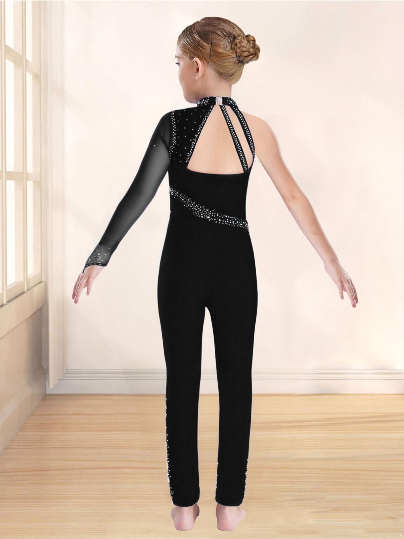 Maillot de Danza para Ballet Niña Mono Deportivo de Manga Completa un Hombro con Brillante