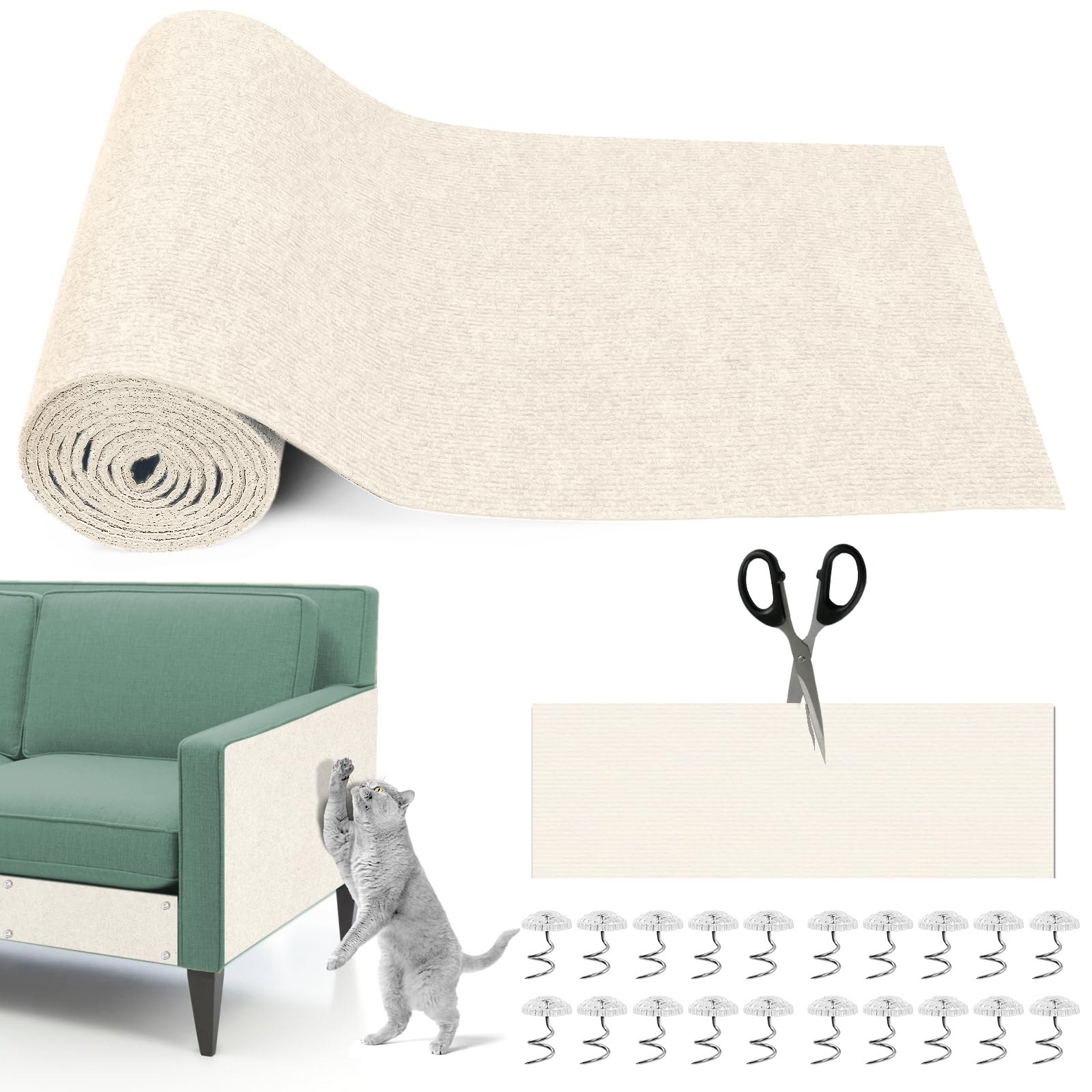 Cat Scratching Mat, 118" x 15.8" Self-Adhesive Trimmable Cat Scratching Carpet Mat with 20 Screws, DIY Cat Scratchers Furniture Protector for Indoor