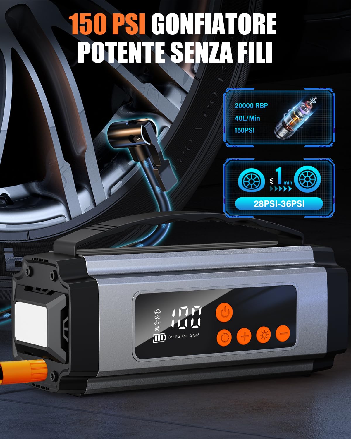 Onherm 7-in-1 Booster Avviatore Auto con Compressore 150PSI, 2000A Avviatore Batteria Auto/Moto per 12V 8L Benzina e 5L Diesel, Avviatore Emergenza con Torcia, Jump Starter con USB-C e Display LCD
