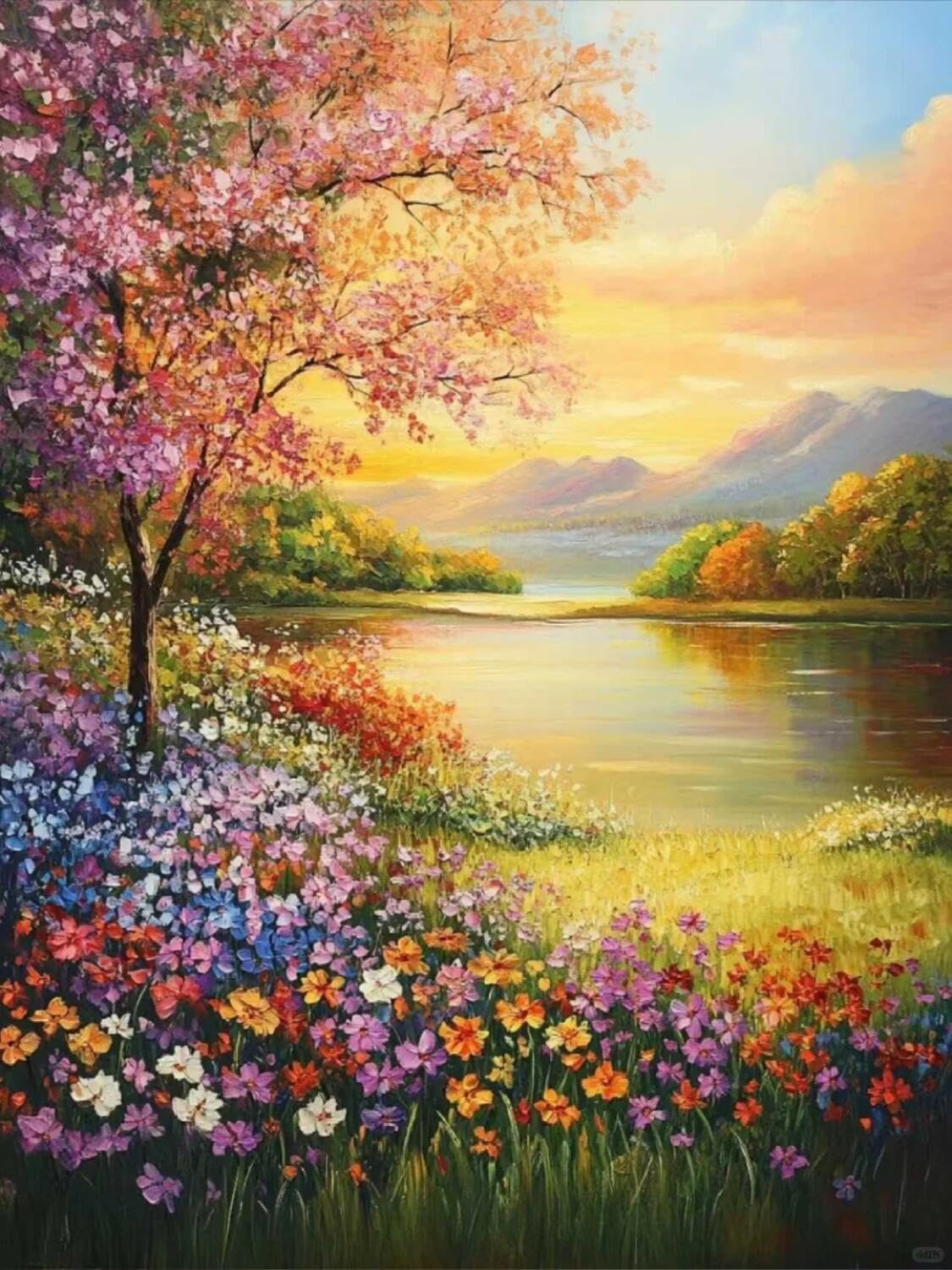Rqwybcaxn Stamped Beaded Cross Stitch Kits Colorful Flowering Trees 40x50cm