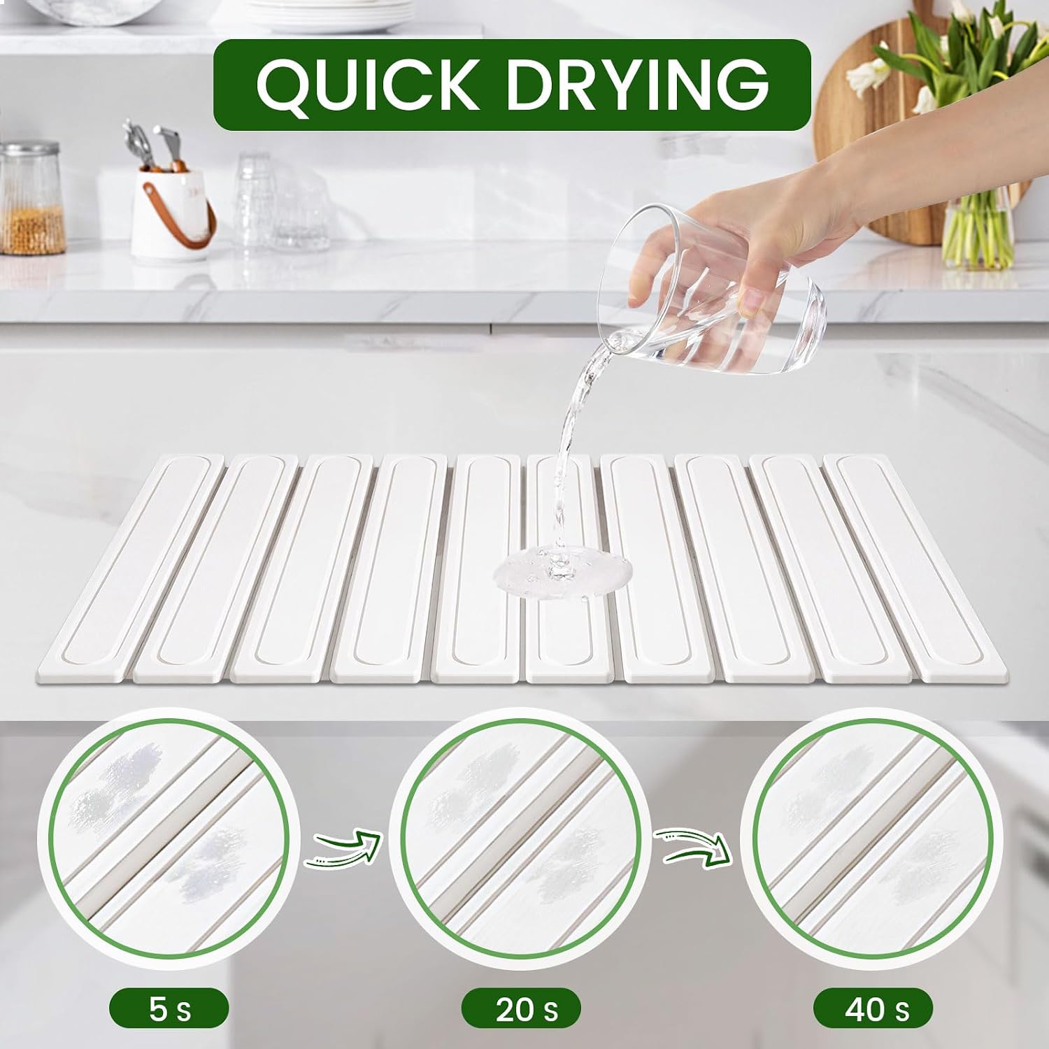 Large Stone Dish Drying Mat for Kitchen Counter 24"x16" Quick Dry Absorbent Collapsible Dish Drying Pad Diatomaceous Earth Mat for Dishes Cups Pots (White)