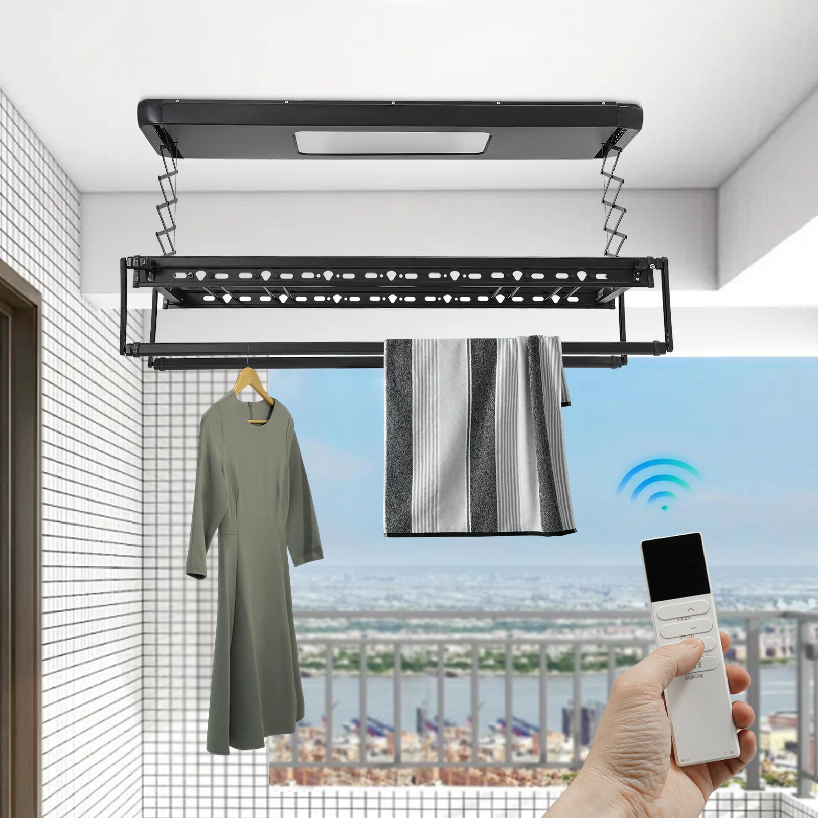 MEELRYD Séchoir à linge pour plafond, capacité de charge de 35 kg, réglable en hauteur (110 cm), avec télécommande et lumière LED, pour balcons, buanderies, hôtels, 125 x 31 x 7 cm