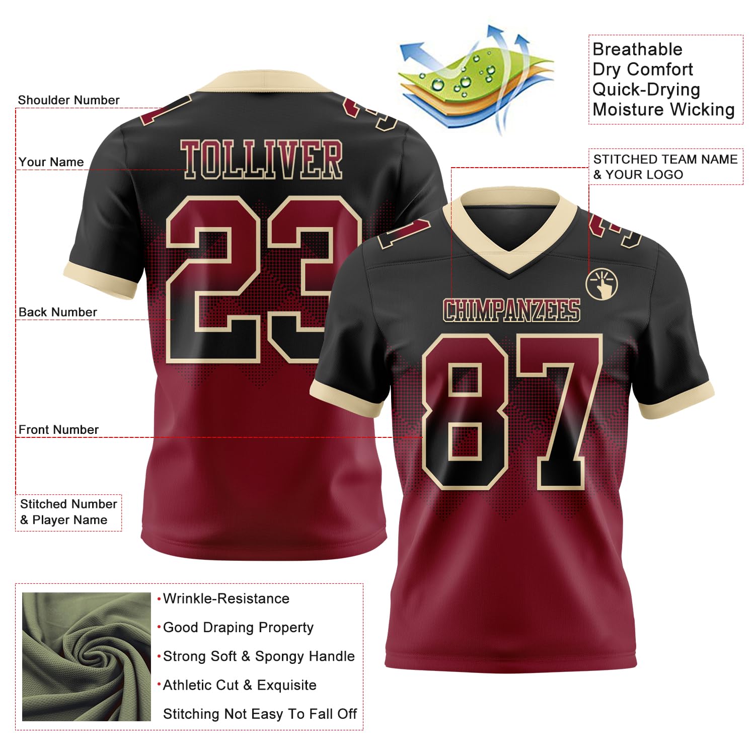 Black and Crimson Gradient Football Shirt Jerseys Custom Cream V-Neck, Design Your Short Sleeve Rugby Shirt Uniforms for Men Women Boys Girls, Printed Stitched Personalized Youth Team Sports Apparel