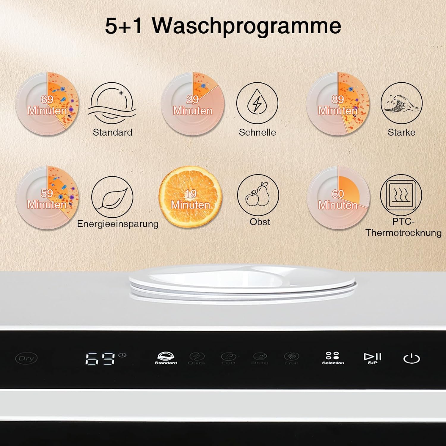 YU YUSING Mini Geschirrspüler Tischgeschirrspüler 5+1 Programme 3 Gedecke 5L Wassertank Touch Control LED-Display