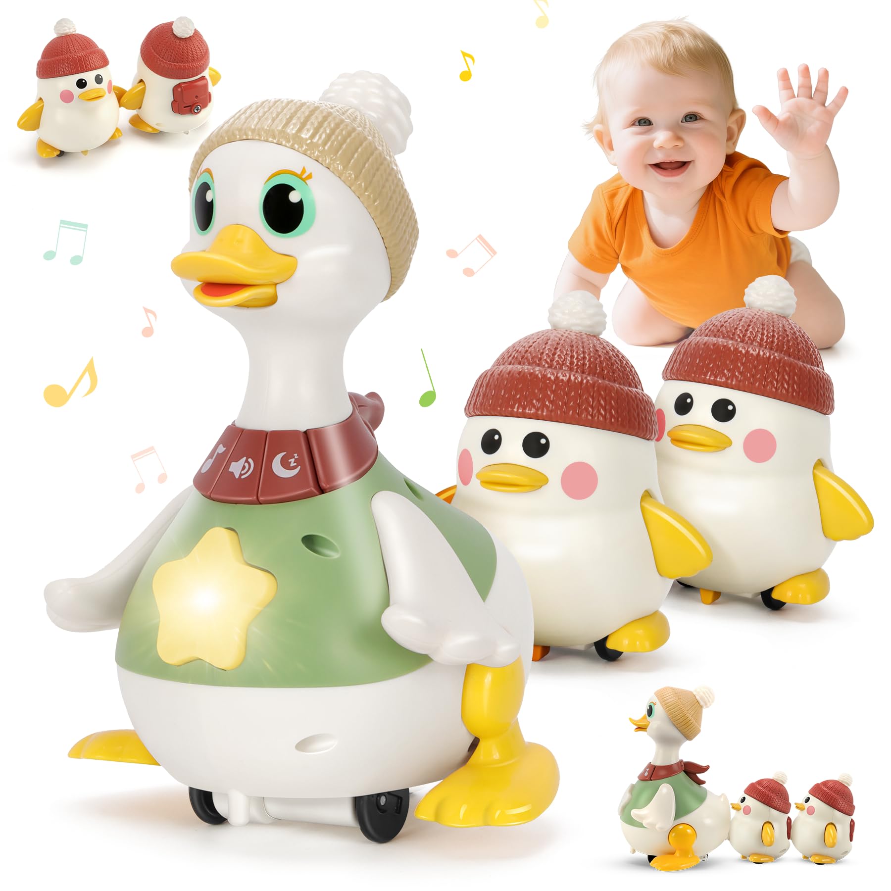Aolieh Baby Spielzeug 6-12 Monate, Krabbelspielzeug Baby mit Licht und Musik, Entenfamilie Spielzeug für Bauchlage, Babyspielzeug ab 6 Monate, Tummy Time Toys, Geschenk für Jungen und Mädchen