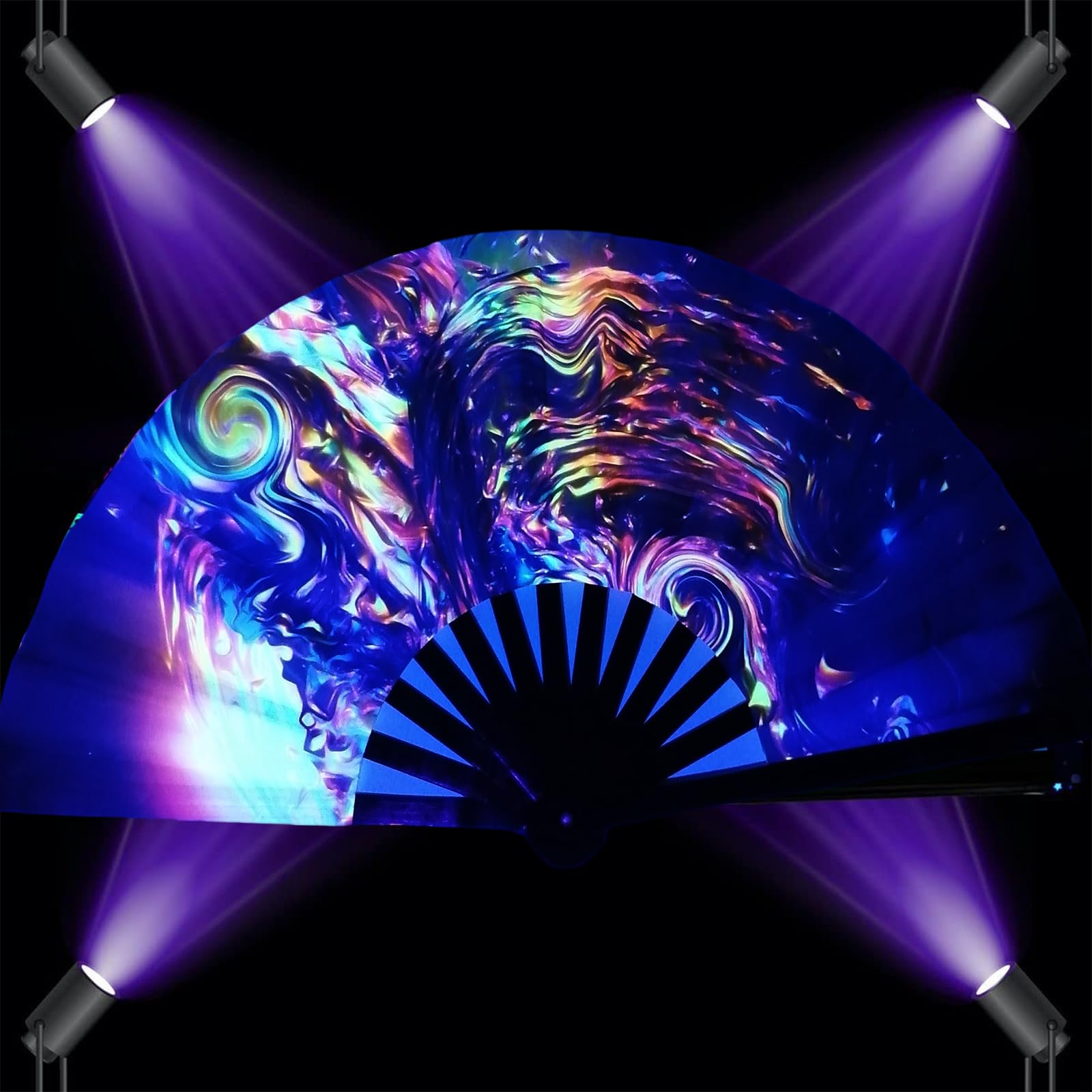 YKuzLx 13‘’ UV Glow Large Rave Fan for Men Women, Decorative Folding Hand Fan for Party, Home Decoration, Gift, Music Festival Essential, EDM Rave Accessories (Waves)