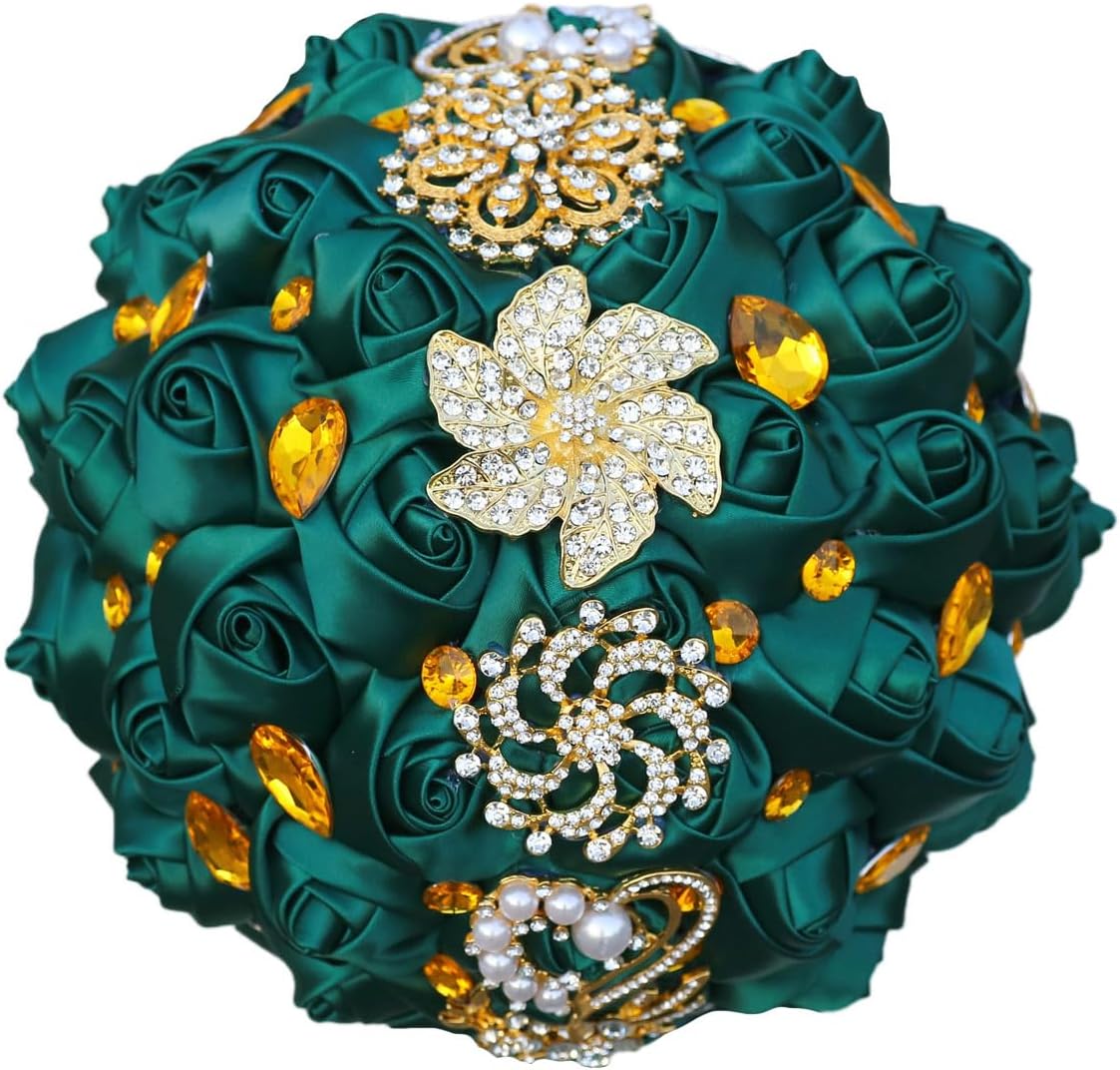 XINNI Luxury Gold Rhinestone Emerald Green Bridal Wedding Bouquet Bride Bridesmaid Satin Rose Flower Bouquet Wedding Decoration Dark Green