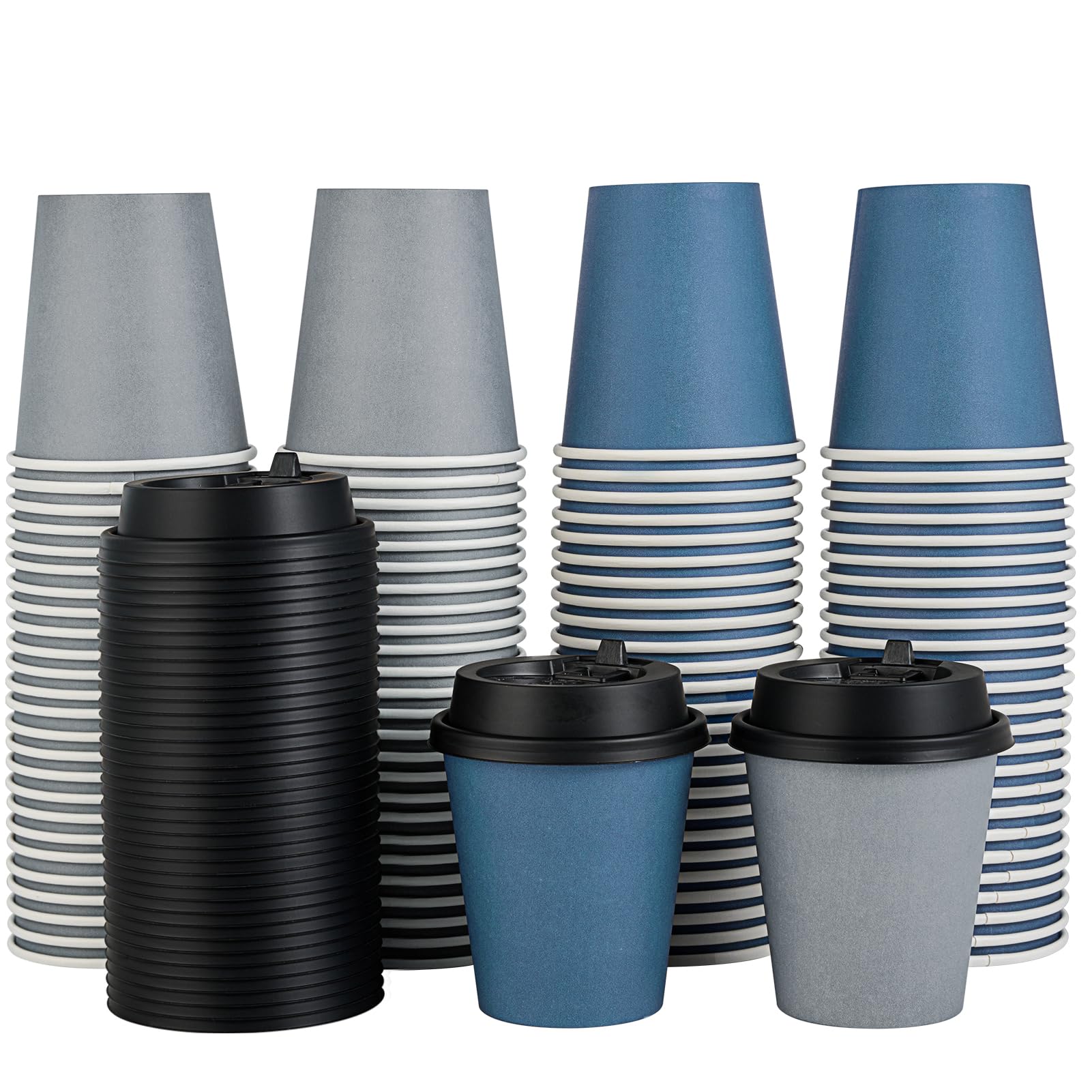 LITOPAK 100 Pack 10 oz Disposable Paper Coffee Cups with Lids for Coffee, Water, Juice, or Tea, Blue and Gray Hot Paper Cups for Home, Restaurant, Store, and Cafe