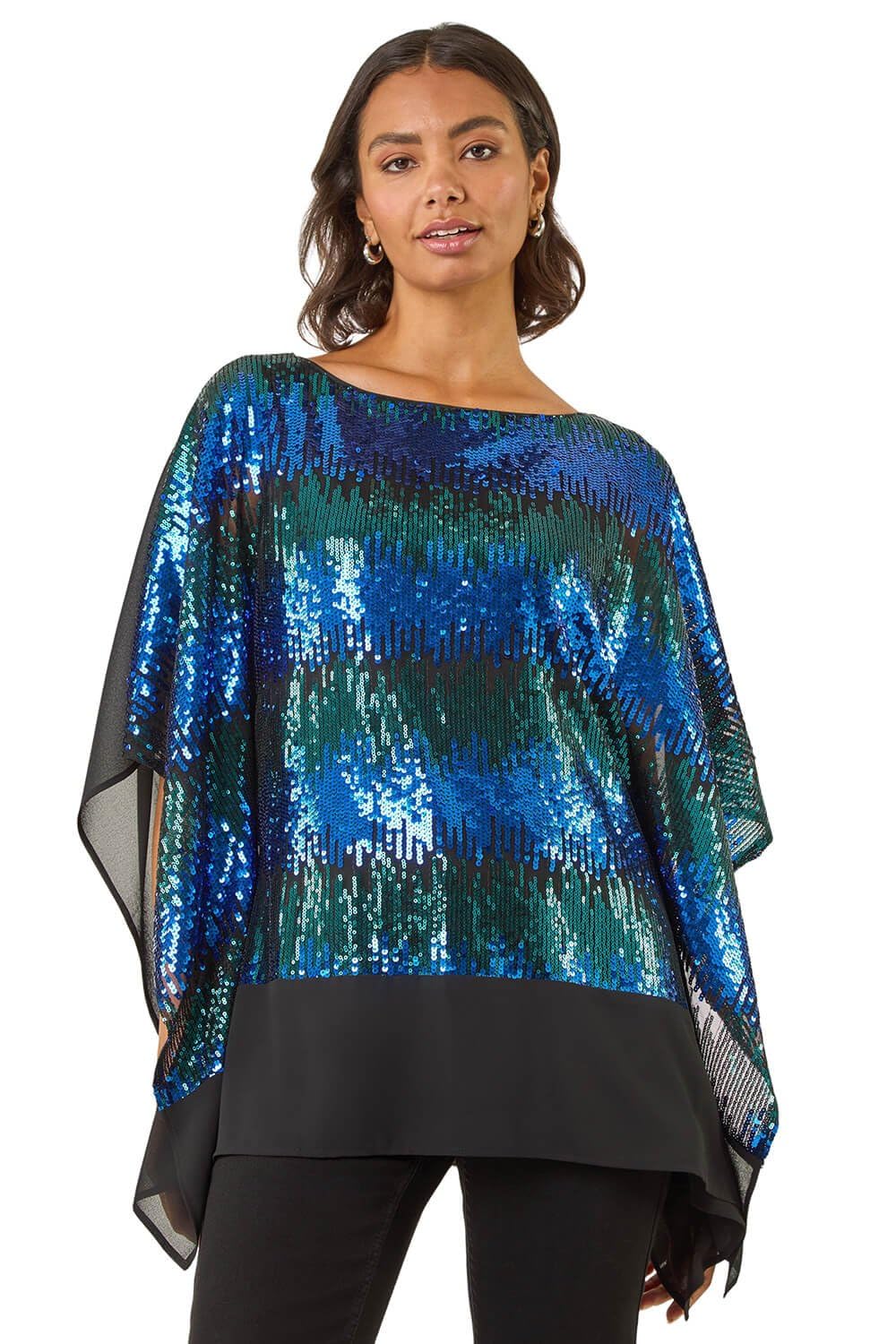Roman Women's Sequin Mesh Chiffon Top Blue Size 10