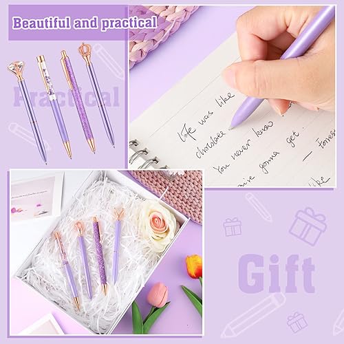 Miniatura 4 de BESARME Juego de 4 bolígrafos morados, bolígrafos de fantasía de diamantes de cristal, tinta negra, bonitos bolígrafos de metal con purpurina,
