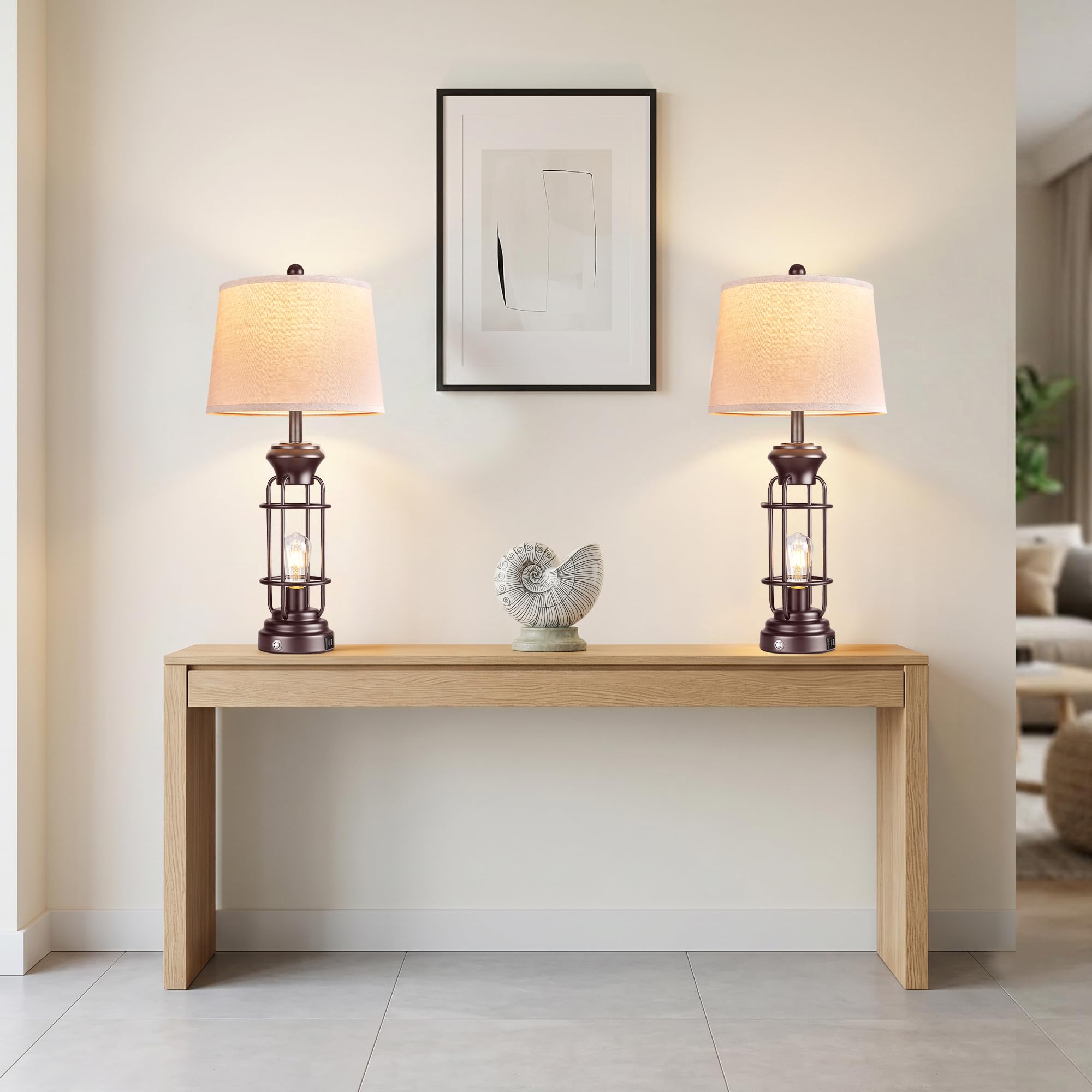 Juego de 2 lámparas de mesa con puertos USB, lámpara de mesa de granja de 29.3 pulgadas de alto con 2 bombillas nocturnas, lámpara de noche de bronce aceitado con pantalla de avena blanca para sala de