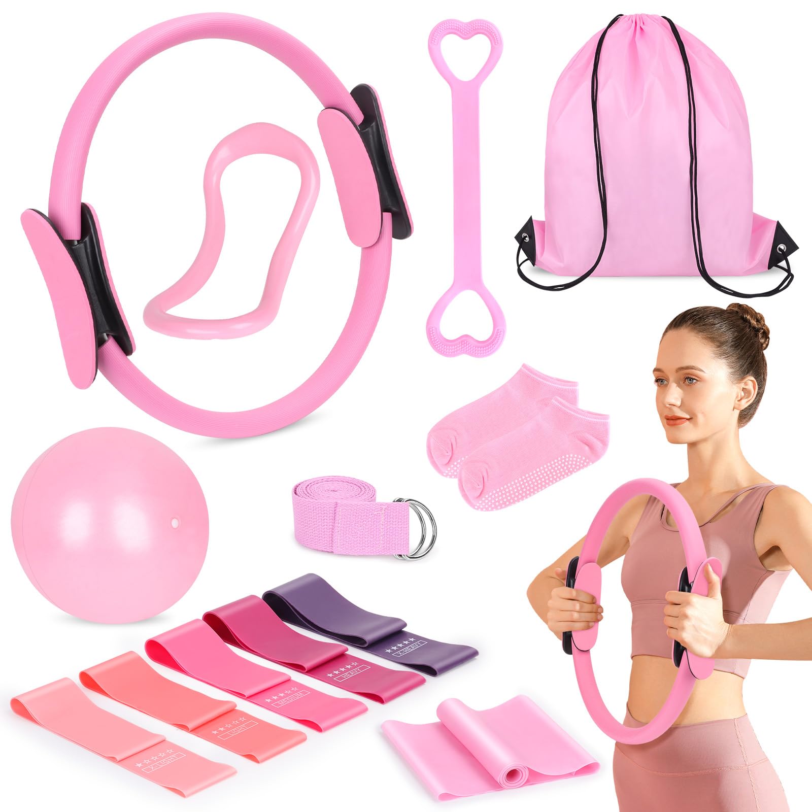 13Pcs Pilates Set Pilates Kit Home Pilates Sets for Women Pilates Workout Kit Pilates Beginners Set Home Pilates Essential kit Pilates Equipment Set Pilates Ring and Ball Set Pilates Accessories,Pink — image 1