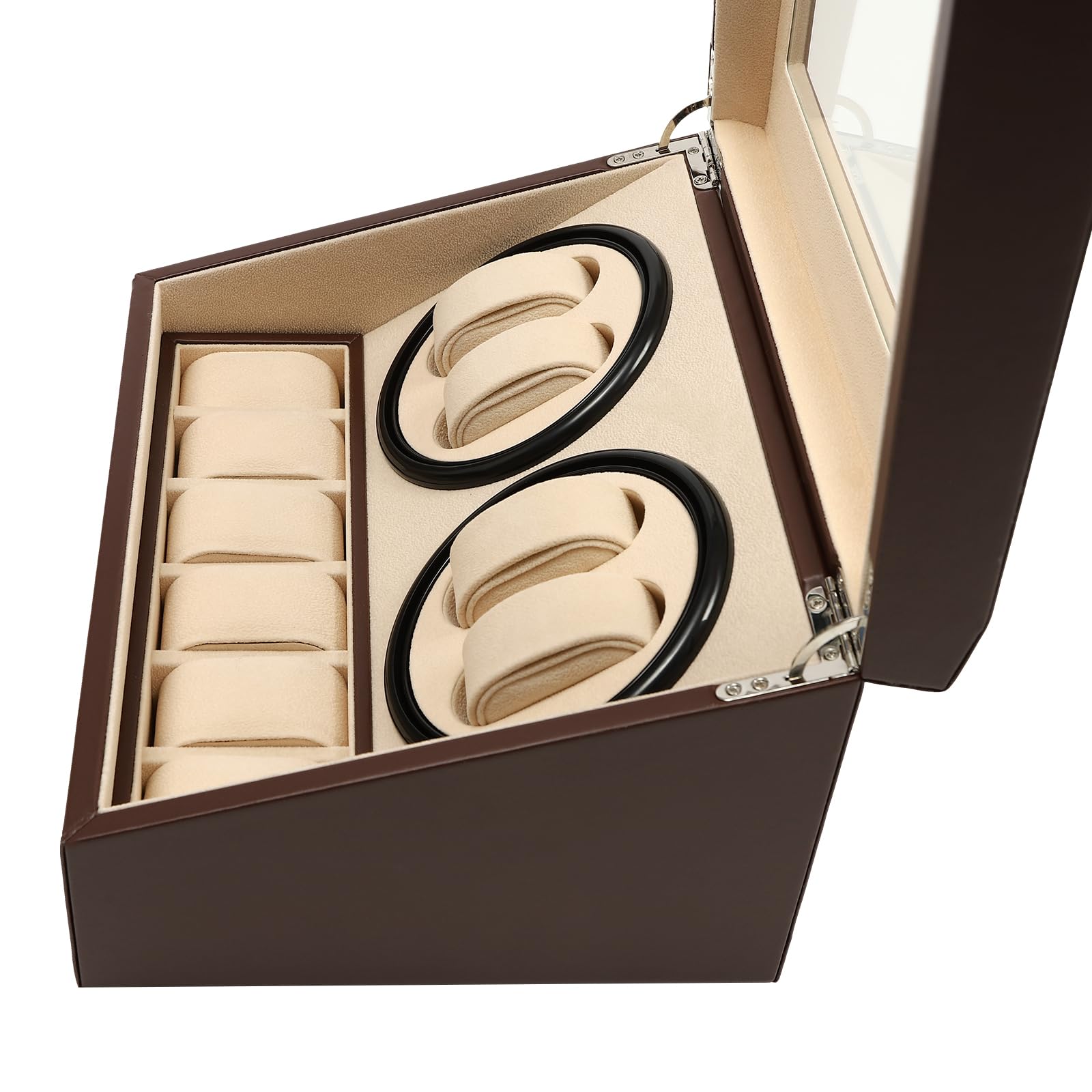Uhrenboxen 4+6 Automatische Uhrenbeweger Box Braun Uhrenkasten Automatisch Vitrine Watch Winder Display Leder Uhrenboxen aufbewahrungsbox Geschenk für Weihnachten/Jubiläum/Vater/Geburtstag