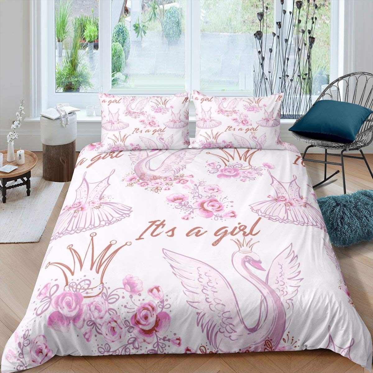 Girls Bedding Set Baby Girl Pink Ballerina Swan Comforter Cover for Kids  Teens Lovely Floral Queen Crown Ballet Dress Duvet Cover Girly Bedding