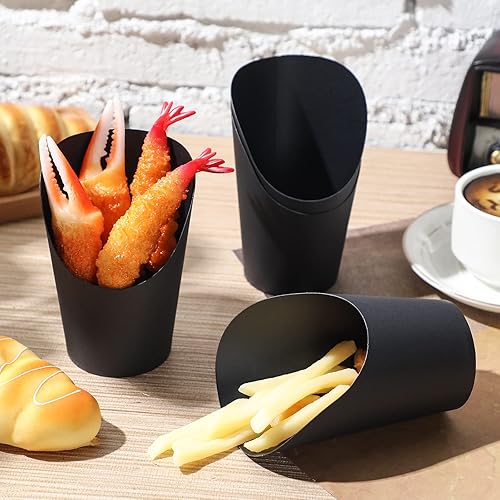 Miniatura 6 de Sieral 100 tazas de embutidos negros de 16 onzas desechables para papas fritas con soporte para papas fritas de papel, conos de charcutería, gofres,
