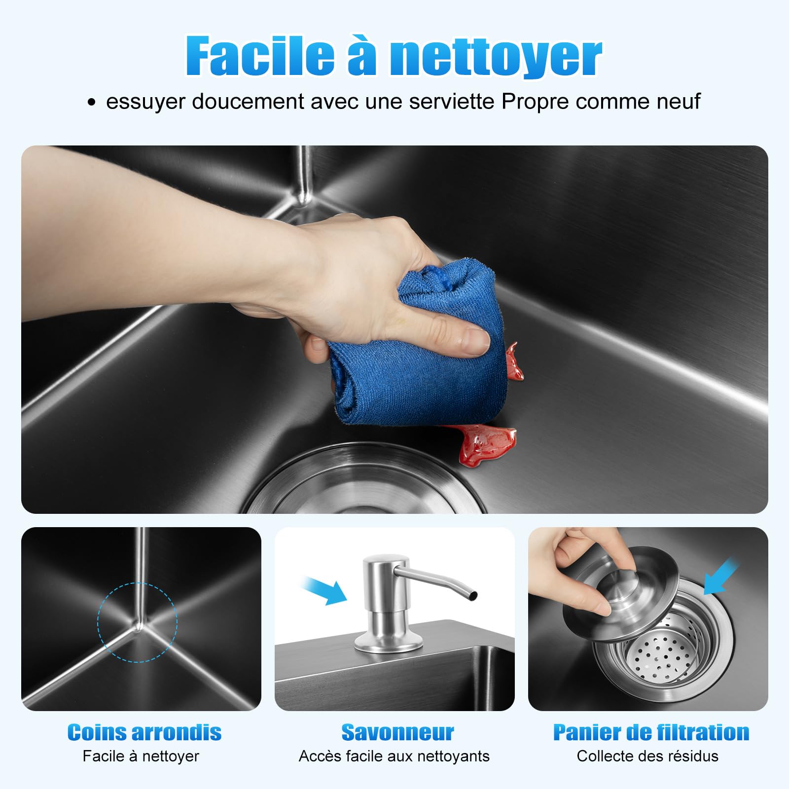Lavello doppio in acciaio inox, 78 x 43 cm, lavello commerciale, lavello da cucina, in acciaio inox, doppio lavandino, rettangolare, con superficie di sgocciolamento, adatto per cucina