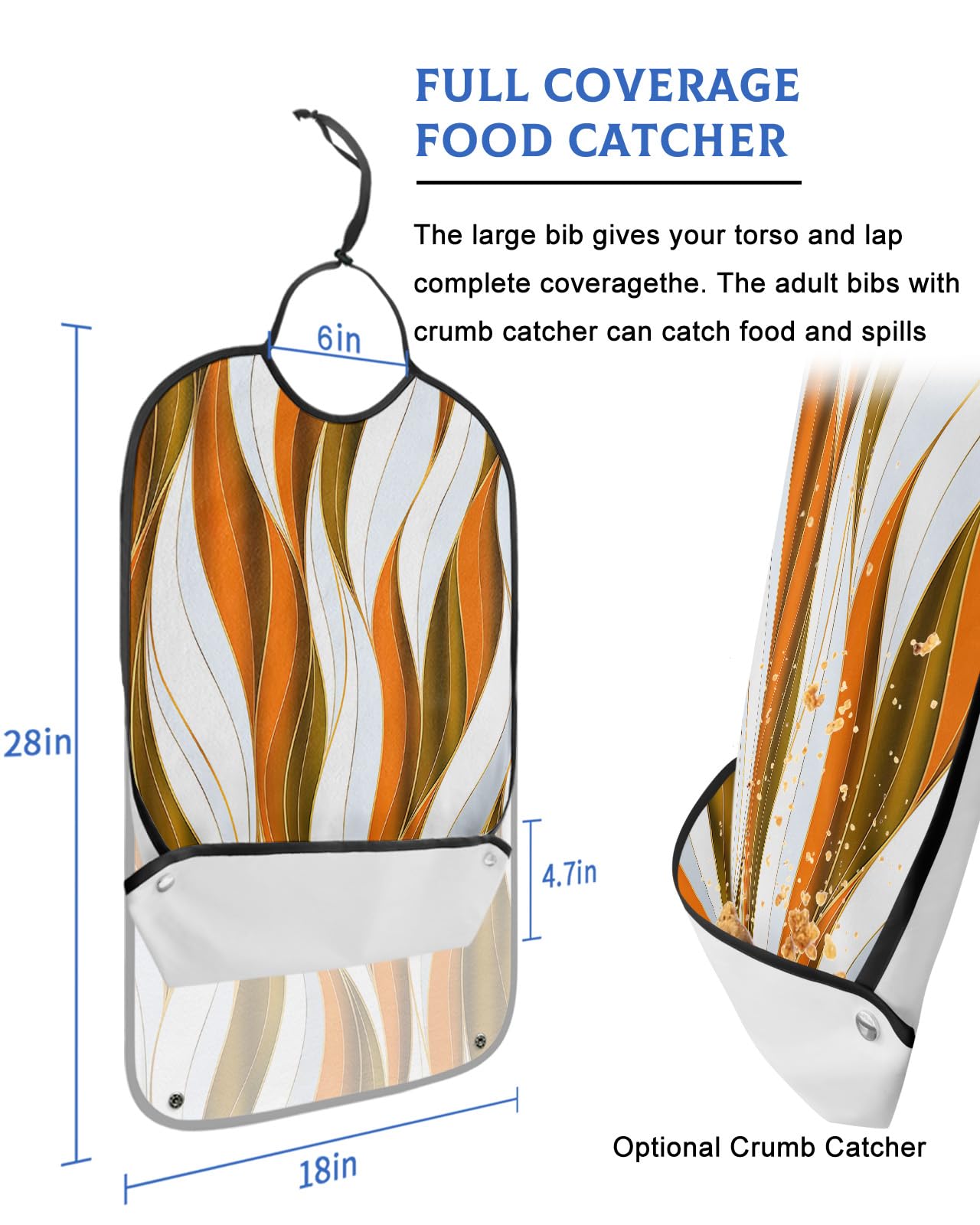 Geometric Orange Adult Bib for Eating with Crumb Catcher,Washable & Waterproof Terry Cloth Adjustable Elderly Women Men Adult Bibs Funny Apron Clothing Protector Modern Abstract Brown White Stripes