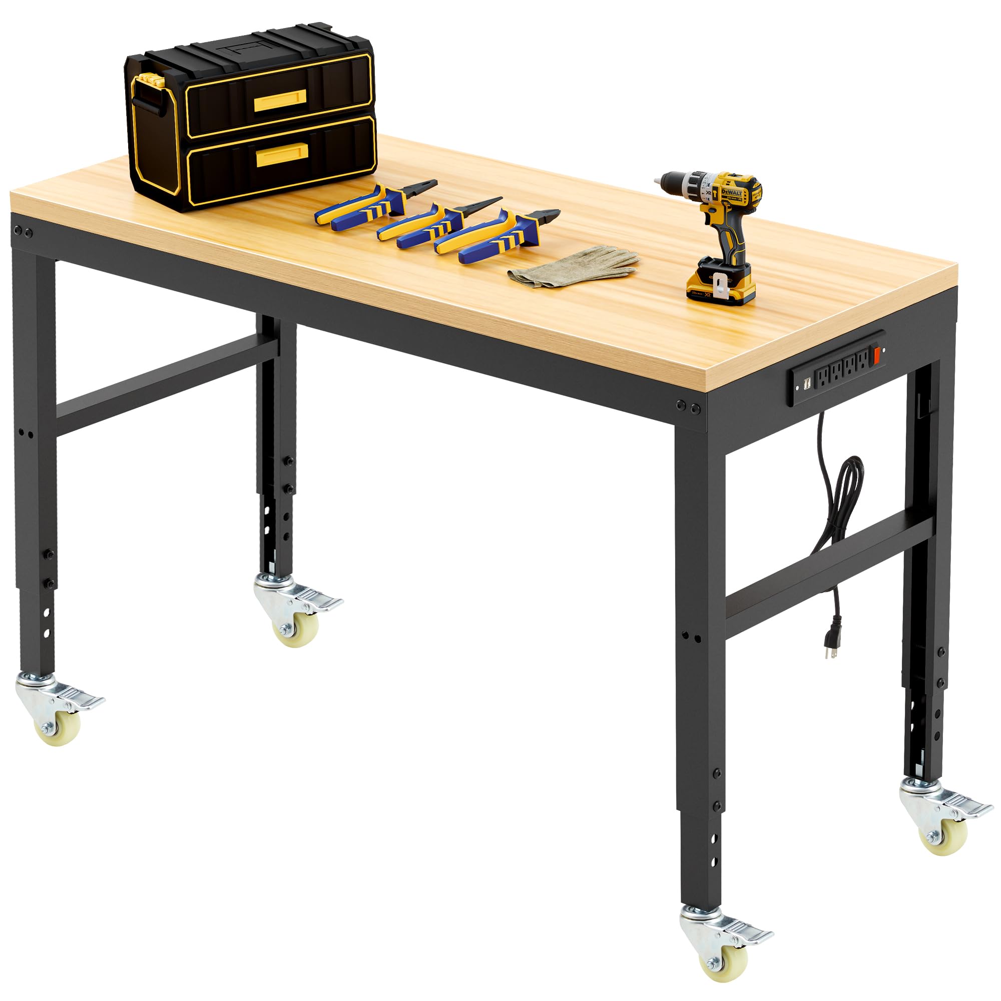 48" Garage Work Bench，Heavy Duty Wood Work Bench with Power Outlets and Wheels, Max 2000 Lbs Load Capacity,Work Table for Garage, Workshop, Office, Home (48x20 with Wheel)