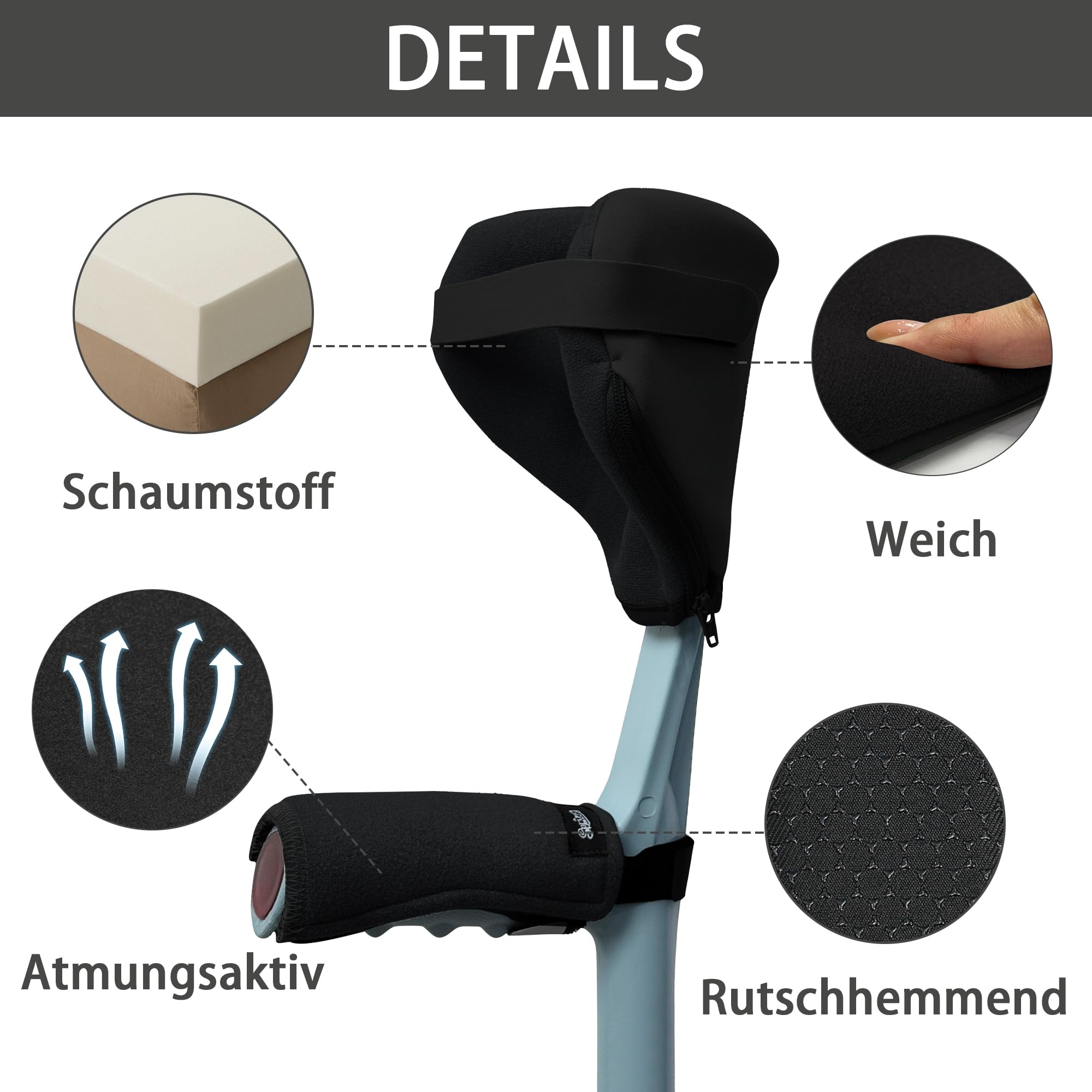 SPRING SEAON krücken griffpolster – Pads für Gehstützen 4er-Set, Unterarmgehstützen-Polster für offene Manschette, rutschfeste Handgriff-Bezüge mit verstellbaren Klettgurten, atmungsaktiv & waschbar