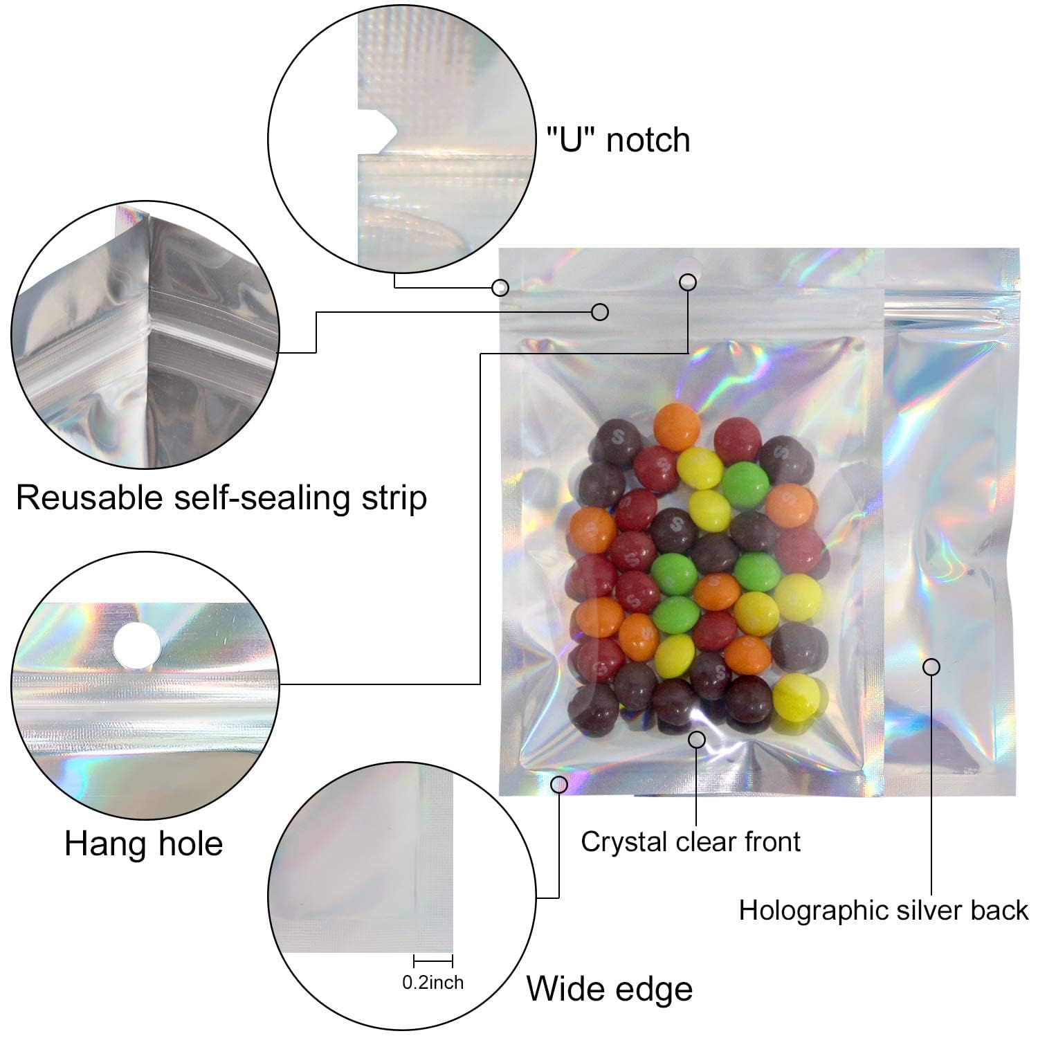 Lot de 100 sachets refermables en mylar - Couleur holographique - Fermeture à glissière - Pour rangement polyvalent - 16,3 x 24,4 cm