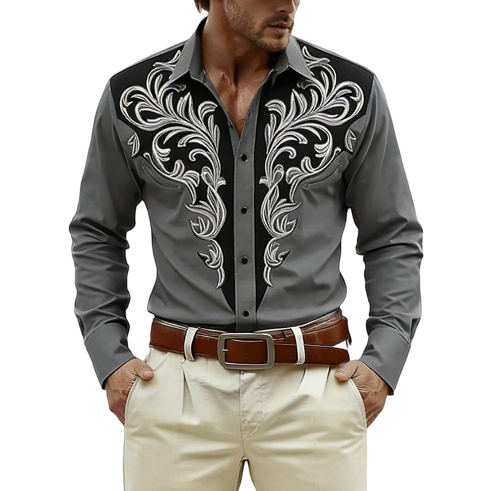 Long Sleeve Shirt with Print for Festive Western and Cowboy Outfits - Medieval Shirt with Buttons for Casual and Parties, gray, L