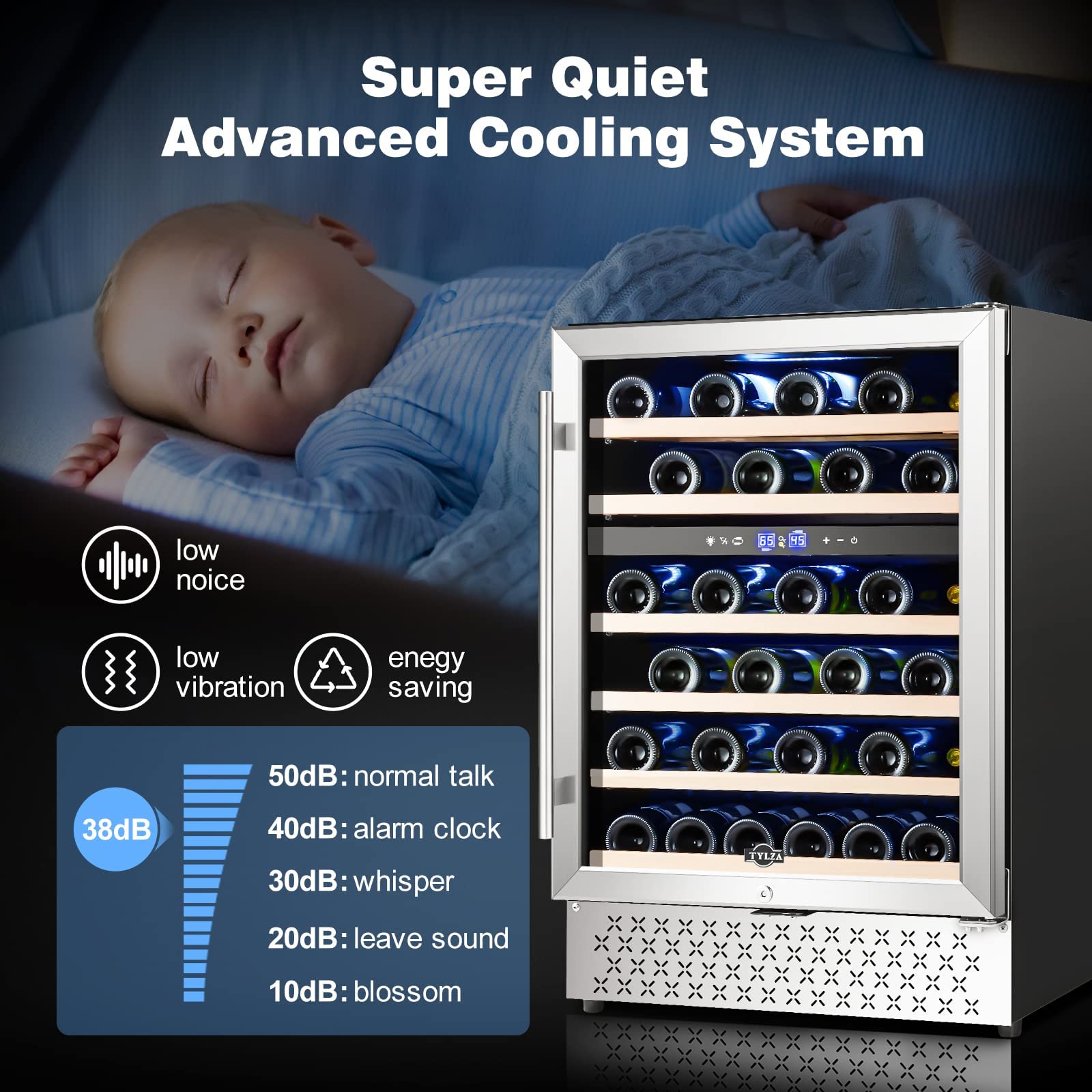 Tylza 24'' Wine Fridge, Dual Zone Wine Refrigerator, 54 Bottles, Lock, Glass Door, Built-in Compressor, 6 Adjustable Shelves, Undercounter or Freestanding, Wine Cooler Refrigerator for Home Bar Office on Fridge.com