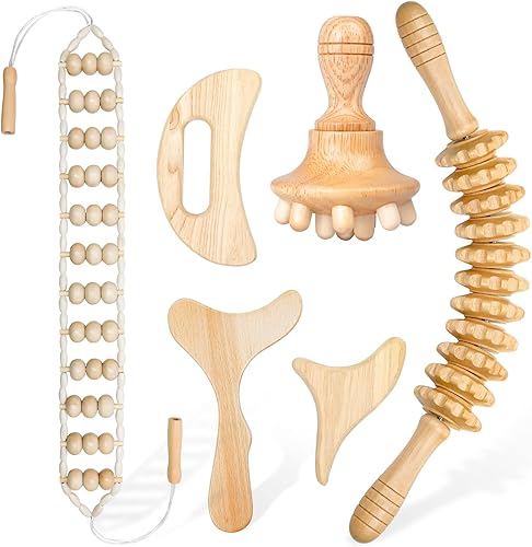 HEETHYCOOL 6 piezas de herramientas de masaje de terapia de madera, masajeador de drenaje linfático, kit de maderoterapia, juego de rodillos de