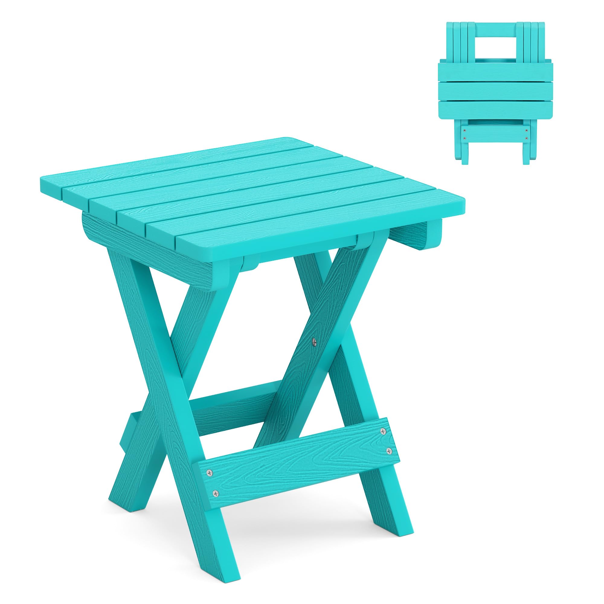 LUE BONA Small Outdoor Folding Side Table, HDPS Outside End Table for Patio, Porch, Deck, Pool, 14 Inch Height, Aruba Blue