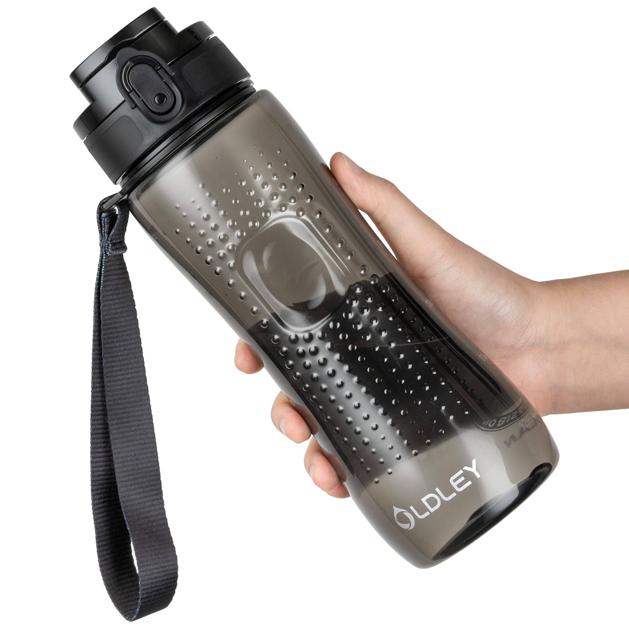 OLDLEY 750ml/25oz Sports Water Bottles, BPA Free Drinking Bottles for School Plastic Clear Water Bottle Leakproof & Filter & No Straw & Time Markings for Gym Sports Cycling (Transparent Black)