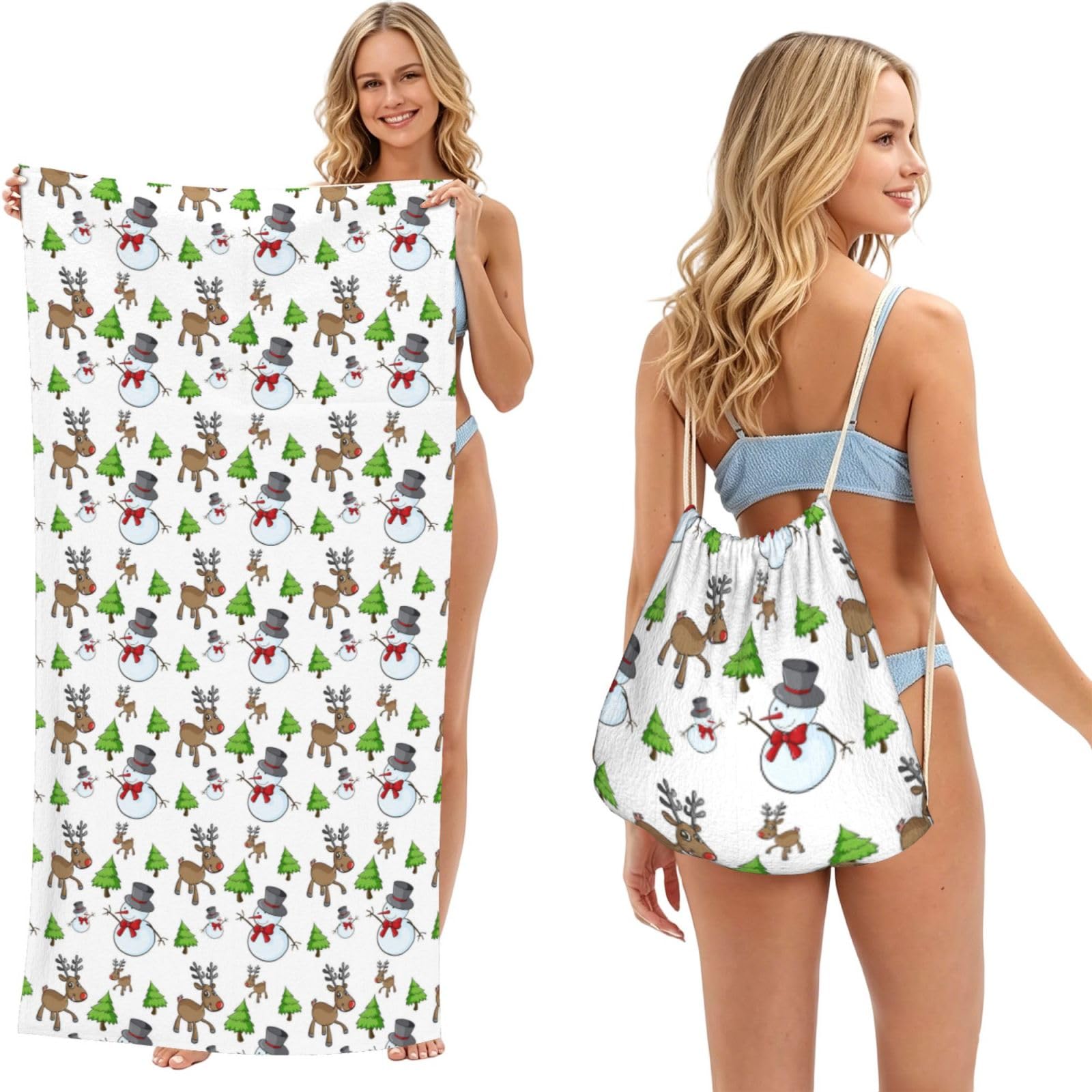 WSHFFILO Merry Christmas Happy printed 2 in 1 Packable Towel Bag Bath Towel Beach Towel