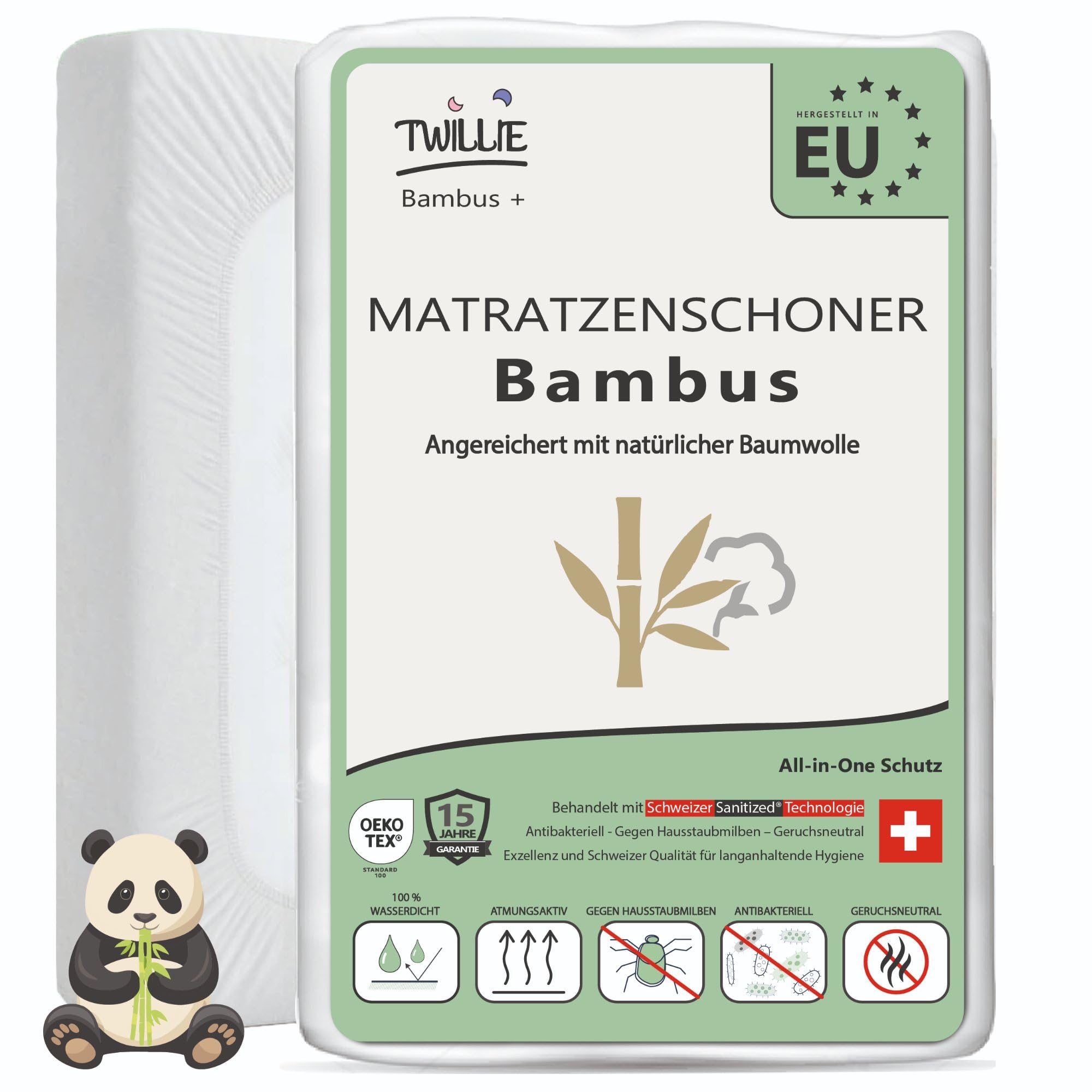 Twillie Matratzenschoner 160 x 200 Bambus – Premium-Qualität – Wasserdicht & Atmungsaktiv – Mit Naturbaumwolle, Schweizer Sanitized Anti-Milben Antibakteriell Geruchshemmend – Hergestellt in EU