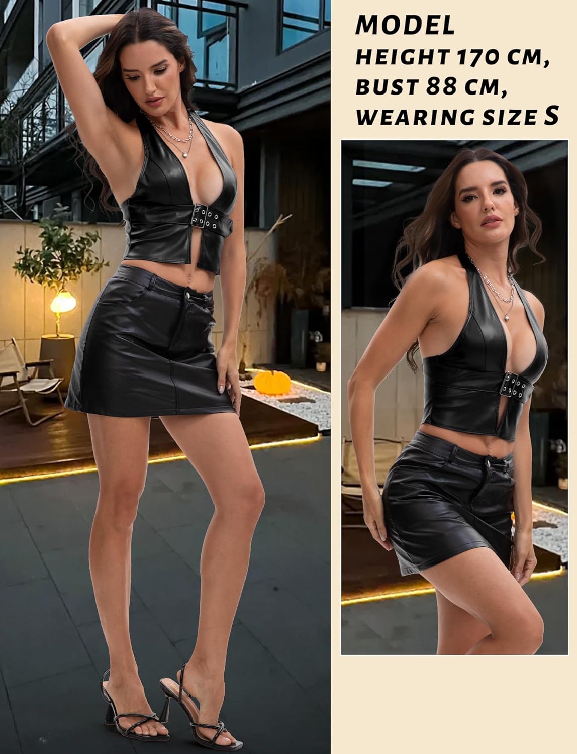 FEOYA Women’s Leather Halter Top Sexy Deep V Neck Bustier Tops Club Party Crop Tank Top Buckle Open - Image 4