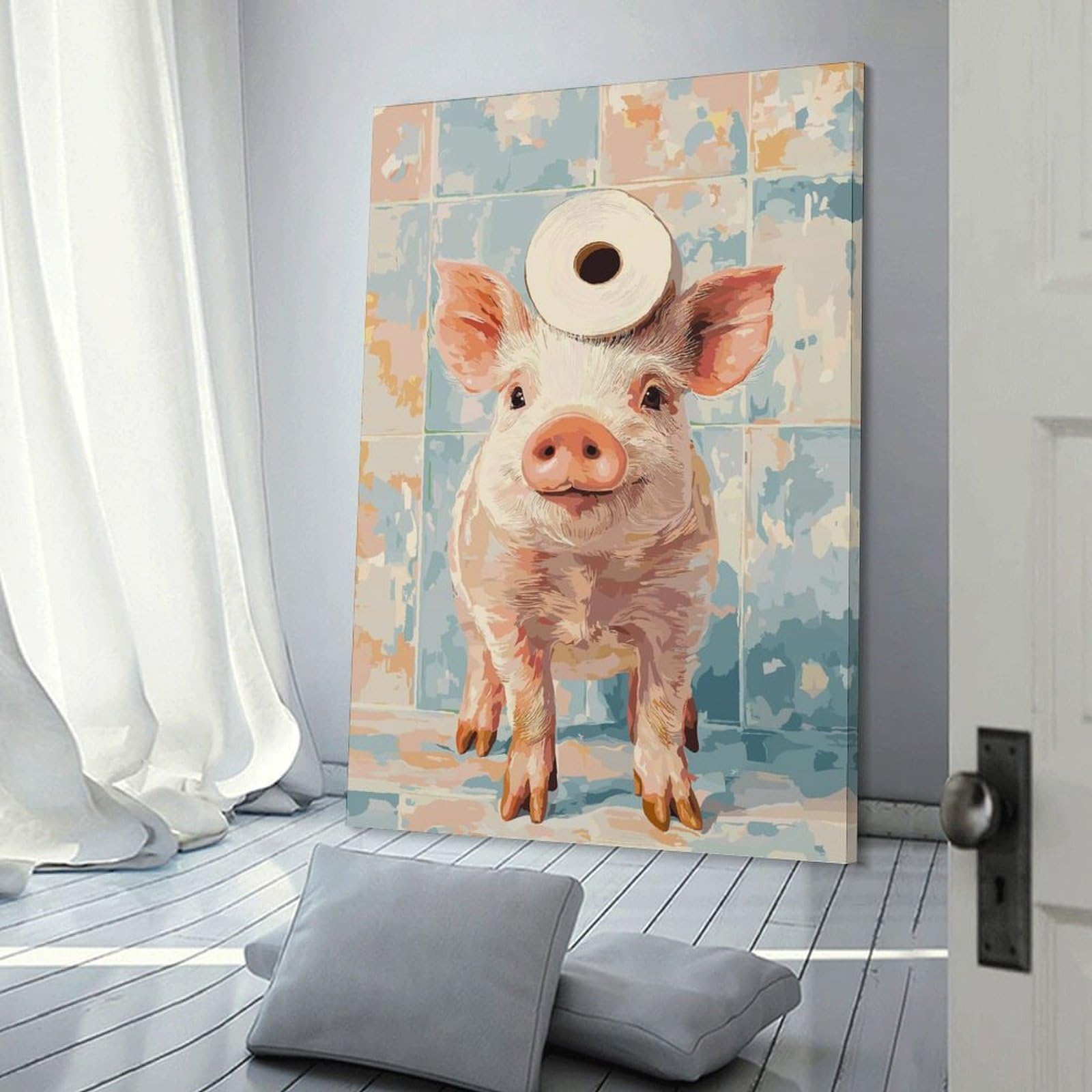 Junmoney Frame-Style-16 Pig With Toilet Paper On Head Room Decor Wall Art 20X30inch(50X75cm), For Entrance Walls, Hall Decor Or Foyers, A Neat Decor Update For Hallways