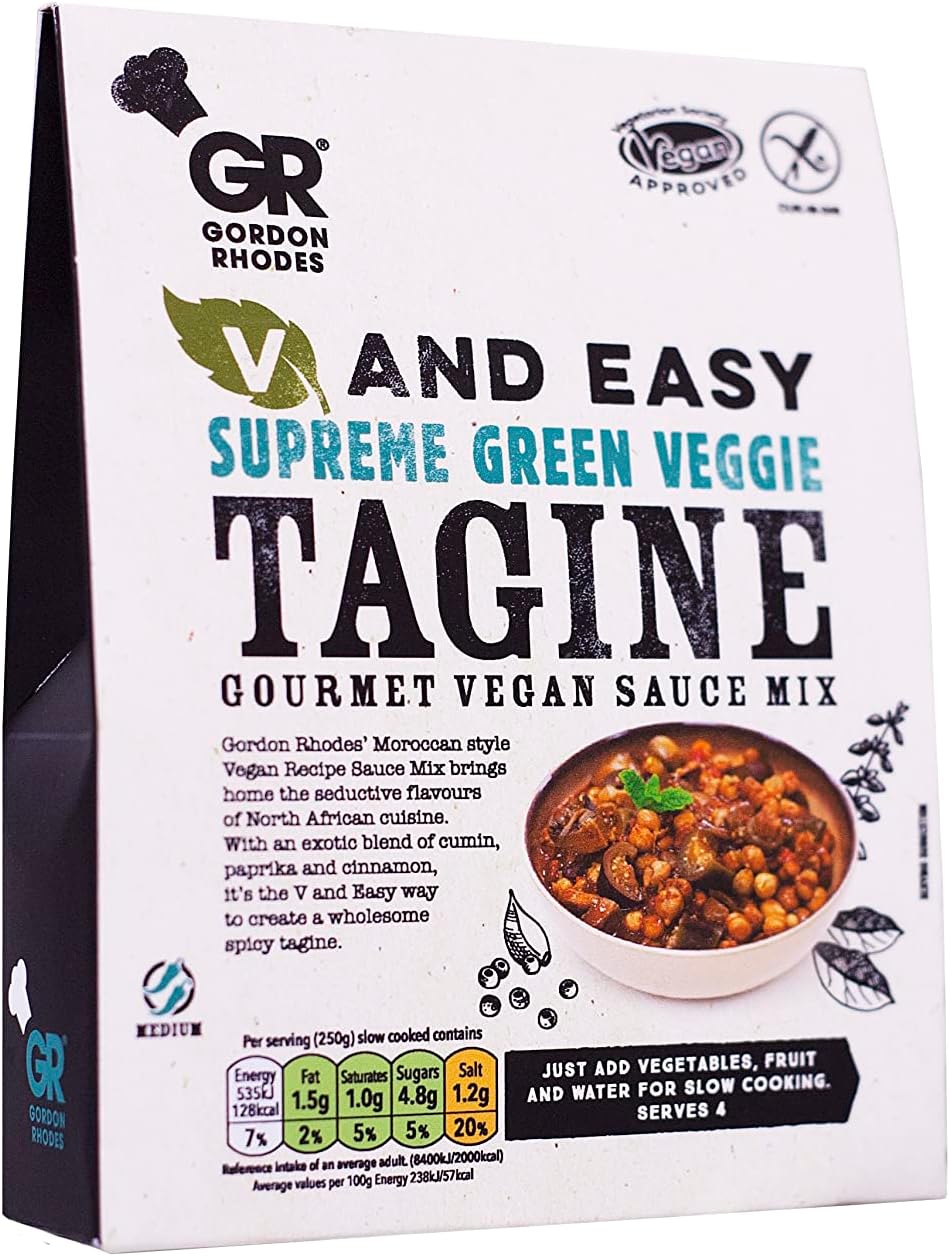 Gordon Rhodes' Supreme Green Tagine Gourmet Vegan Sauce Mix with an Exotic Blend of Cumin, Paprika and Cinnamon. Free from Meat and Gluten, Slow Cook for a Fresh and Healthy Veggie tagine. (1 x 75gm)