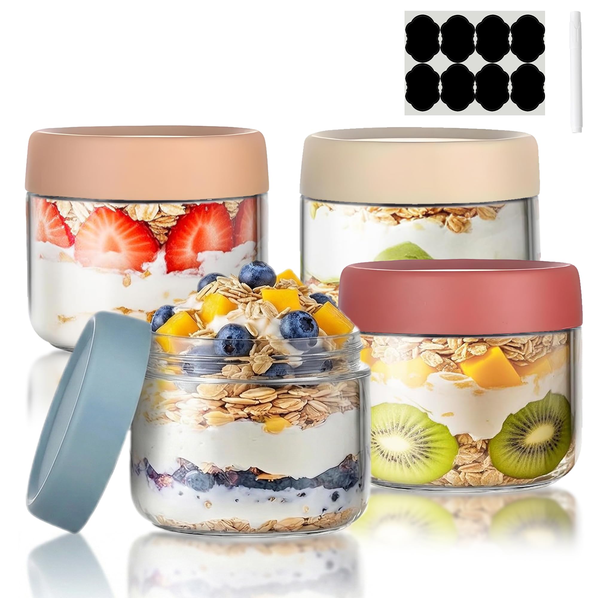 UAVAUI Overnight Oats Jar, 4 Pcs Glass Container with Sealed Screw Lid, 11 Oz Wide-Mouthed Sealed Food Storage Container, Mason Salad Jar is Used to Store Grains, Yogurt, Fruits, Candies, and Jams.
