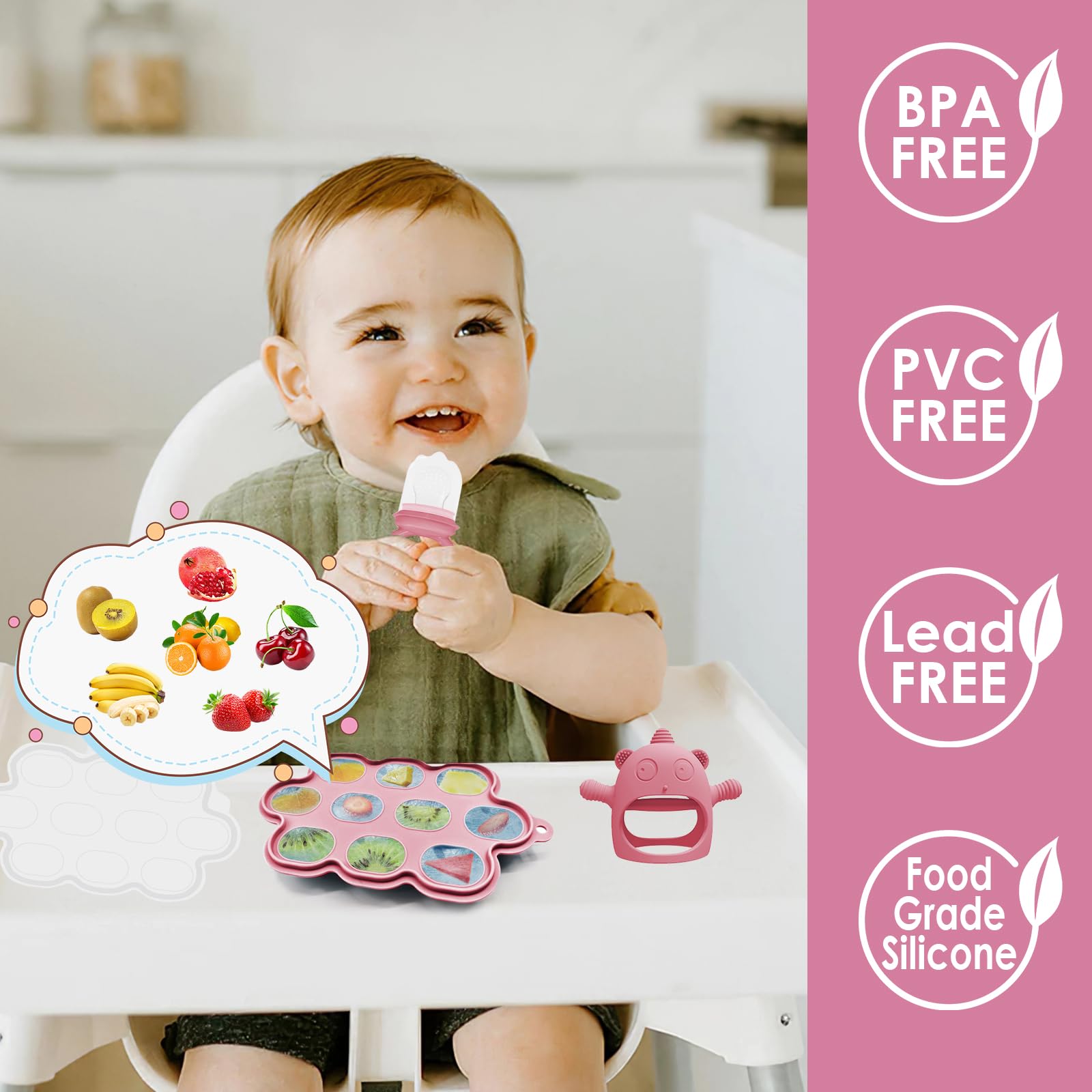 Set Pappa per Bambino, 14 Pezzi, Set Pappa Svezzamento per Bambini in Silicone, Senza BPA, Antiscivolo con Ventosa Piatto Cucchiai Ciotola Tazza Bavaglino (Rosa scuro)