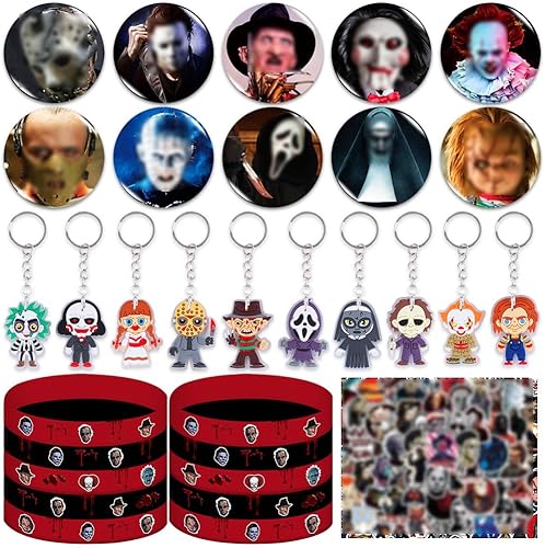 DtoiZrbs Recuerdos de fiesta de terror, juego de 80 piezas de suministros de fiesta temática de terror que incluye 10 pines de botón, 10 llaveros,