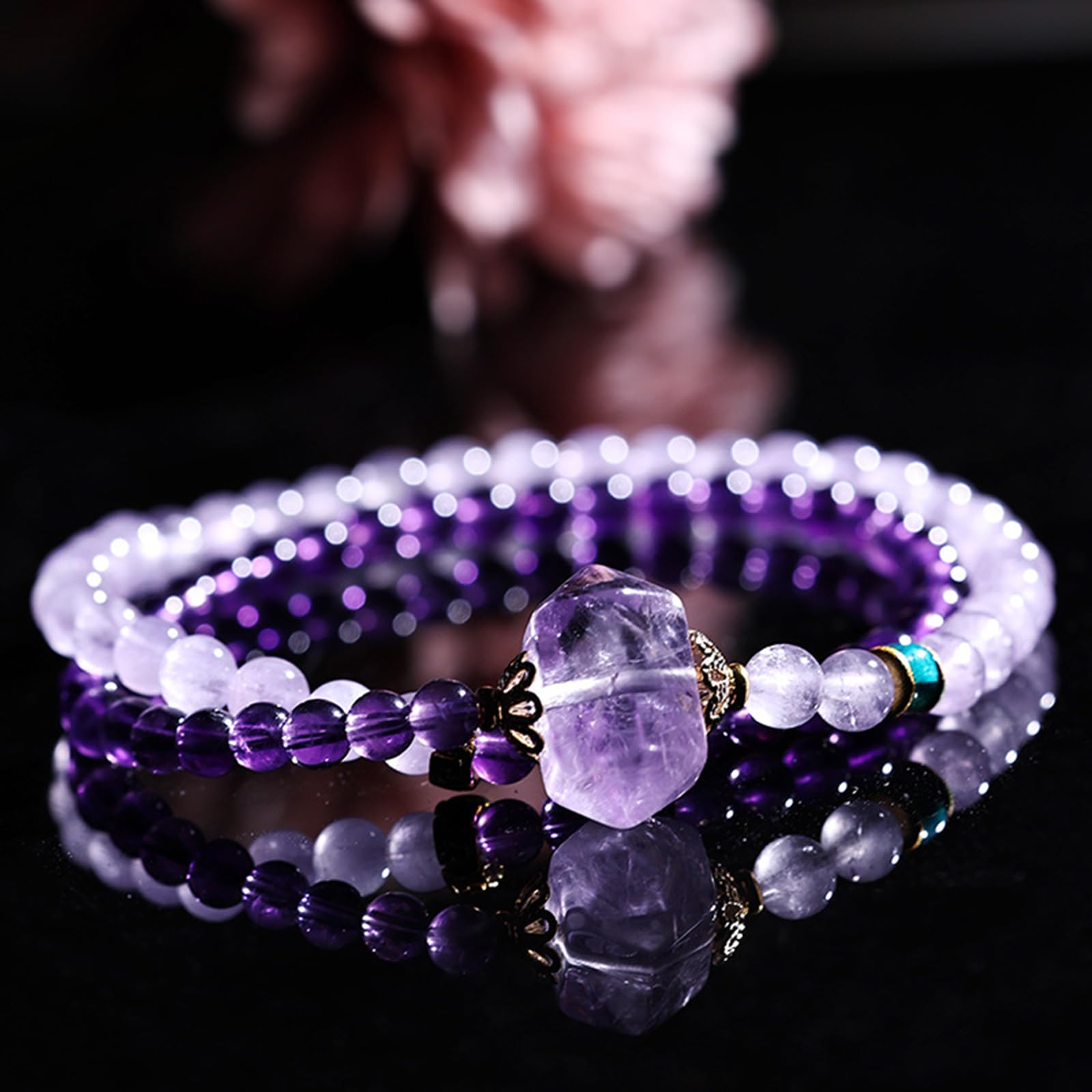 Bracciale con Perline di Cristallo Naturale, Cristalli con Pietre preziose, Gioielli con Perline, bracciali Elasticizzati Multistrato con Vera Ametista per Donne