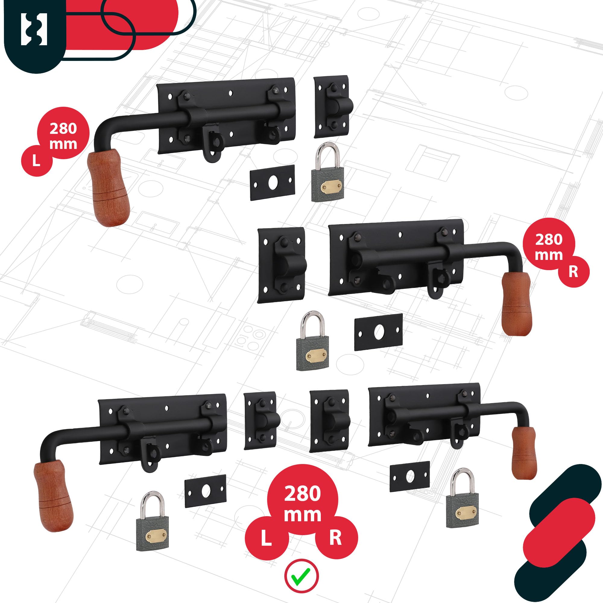 KOTARBAU® Torriegel 280mm Rechts Links Set 2St. mit Vorhängeschloss Türriegel Bolzenriegel Schlossriegel Schubriegel Riegelverschluss Torverschluss