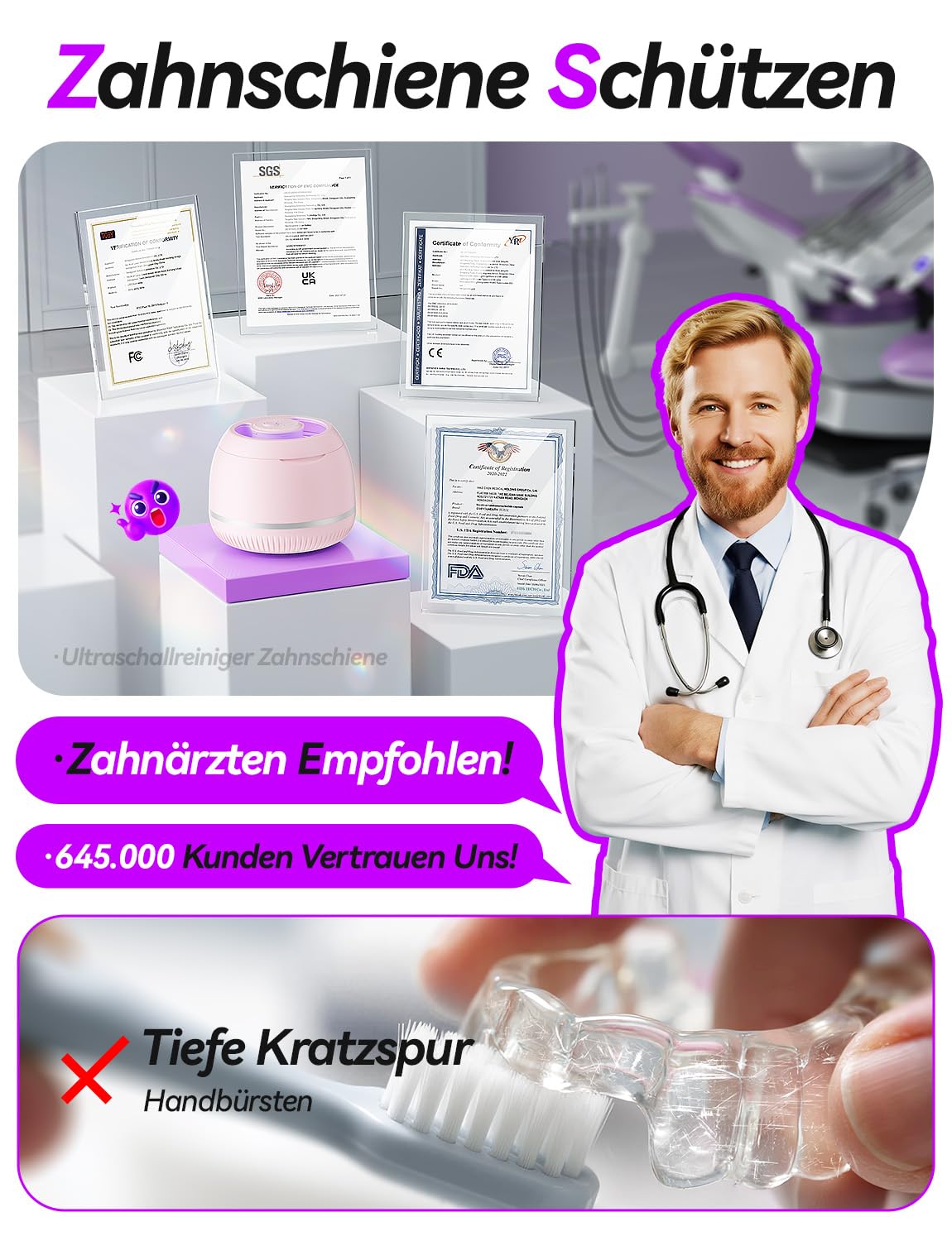 Beser Ultraschallreinigungsgerät Zahnschiene, 46kHz, Zahnschiene Reinigung, Dental Aufbewahrungsdosen Pod Cleaner für Retainer, Gebissreiniger, Zahnprothesen, Schmuck, IPX6, 200ML (Rosa)