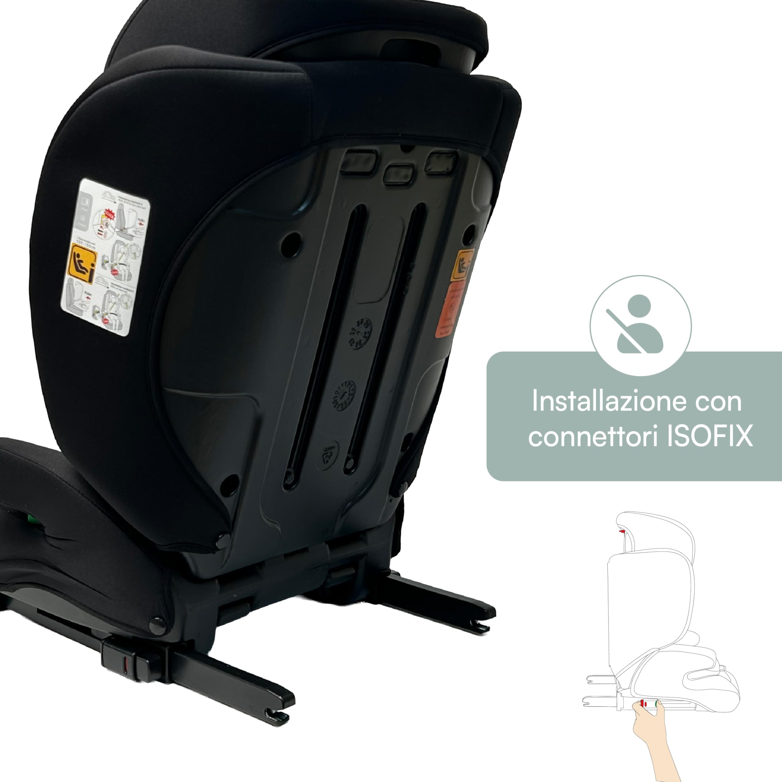 Rehausseur de voiture avec dossier i-Size 100-150 cm, appuie-tête réglable, siège rembourré, housse amovible et lavable (standard + Isofix)